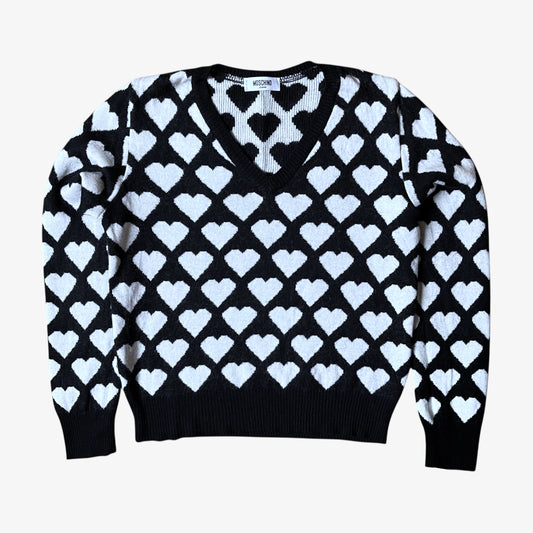 Vintage Y2K Moschino Jeans women's black and white v-neck wool jumper with heart pattern.