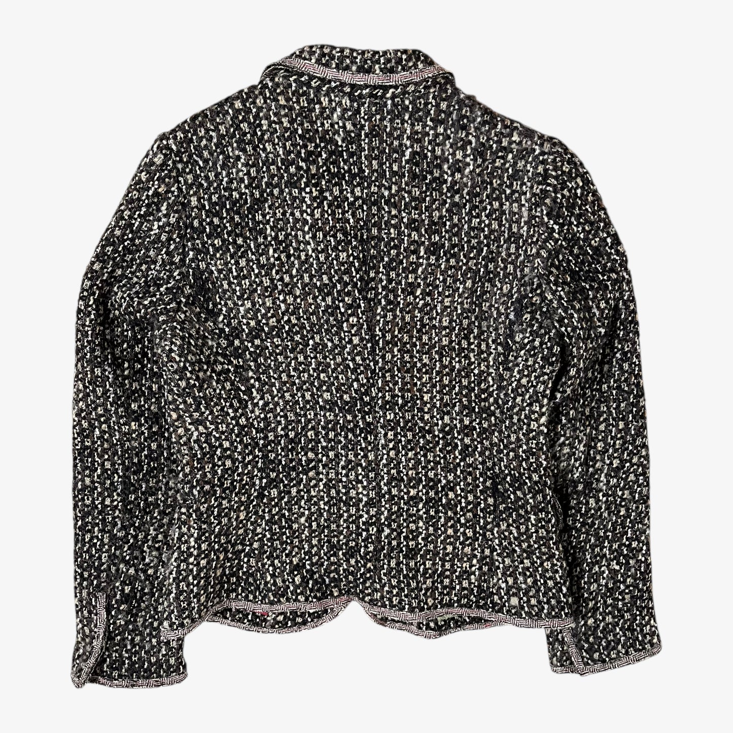 Back of vintage Y2K women's Moschino textured wool and mohair single breasted blazer.