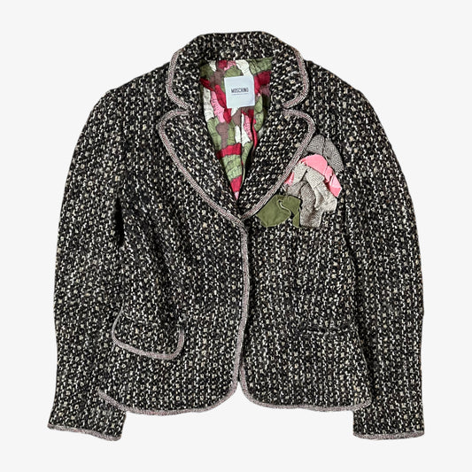 Vintage Y2K women's Moschino textured wool and mohair single breasted blazer with an embroidered floral breast design.