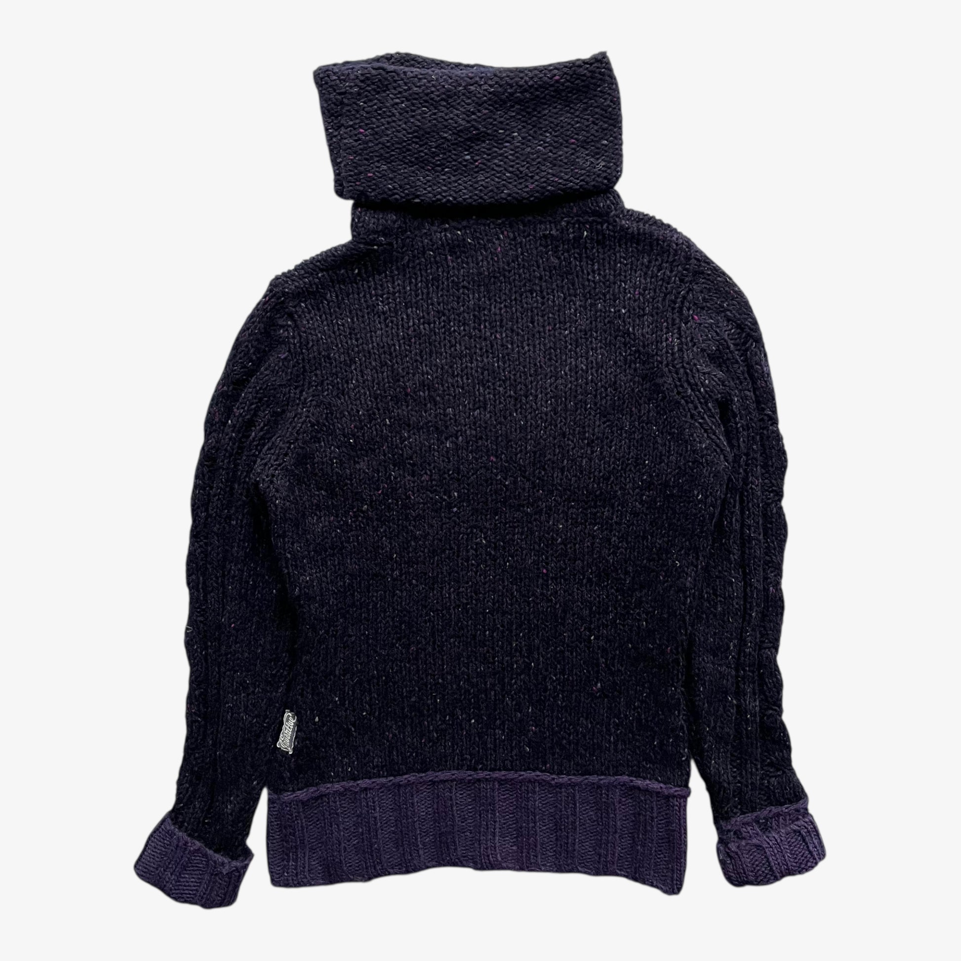 Back of women's Napapijri purple wool turtleneck jumper on a white background.