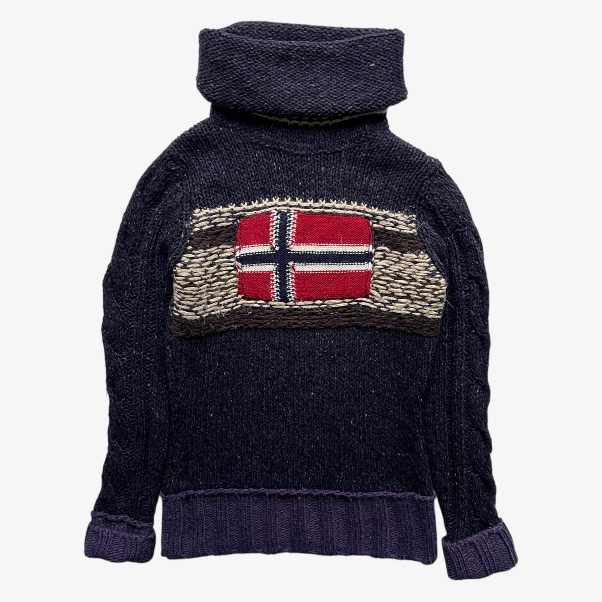 Women's Napapijri purple wool turtleneck jumper on a white background.
