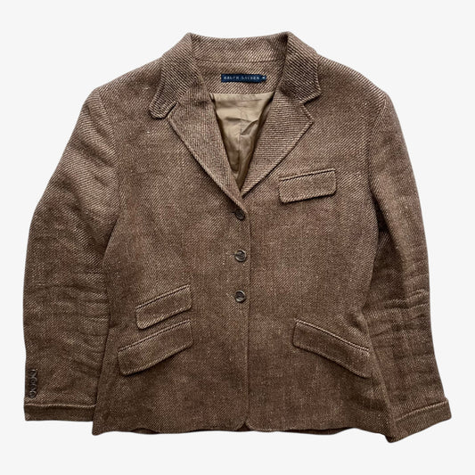 Vintage Y2K women's Ralph Lauren brown linen and wool blazer on a white background.