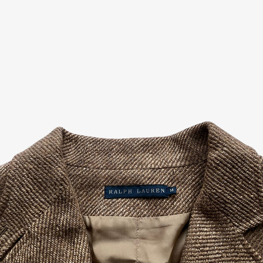 Vintage Y2K Ralph Lauren label stitched inside of a herringbone tweed women's linen and wool blazer.