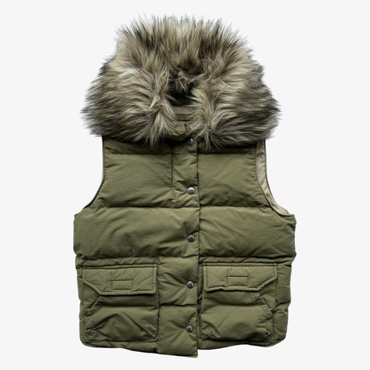 A women's Ralph Lauren khaki down puffer gilet with a large, fluffy faux-fur trimmed detachable collar, featuring snap-button front closure and two front flap pockets, shown against a plain light grey background.