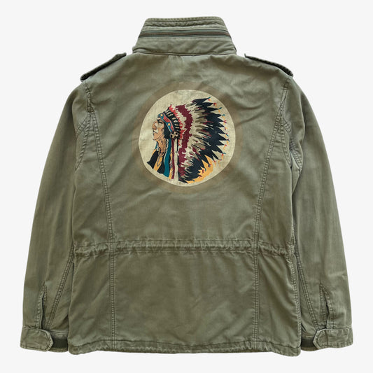 Vintage Y2K Womens Ralph Lauren Denim And Supply Khaki Utility Jacket With Back Indian Chief Print - Casspios Dream