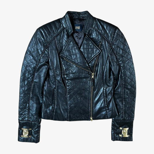 Vintage Y2K Roberto Cavalli Class women’s black quilted leather biker jacket with silver hardware and fitted design.