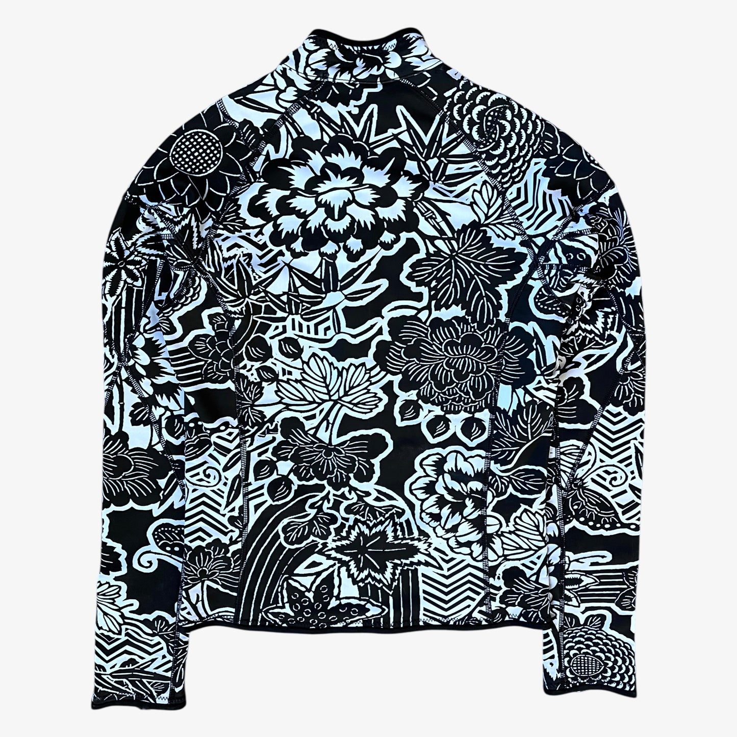 Back of vintage Y2K women's Roberto Cavalli Freedom abstract floral print black jacket.