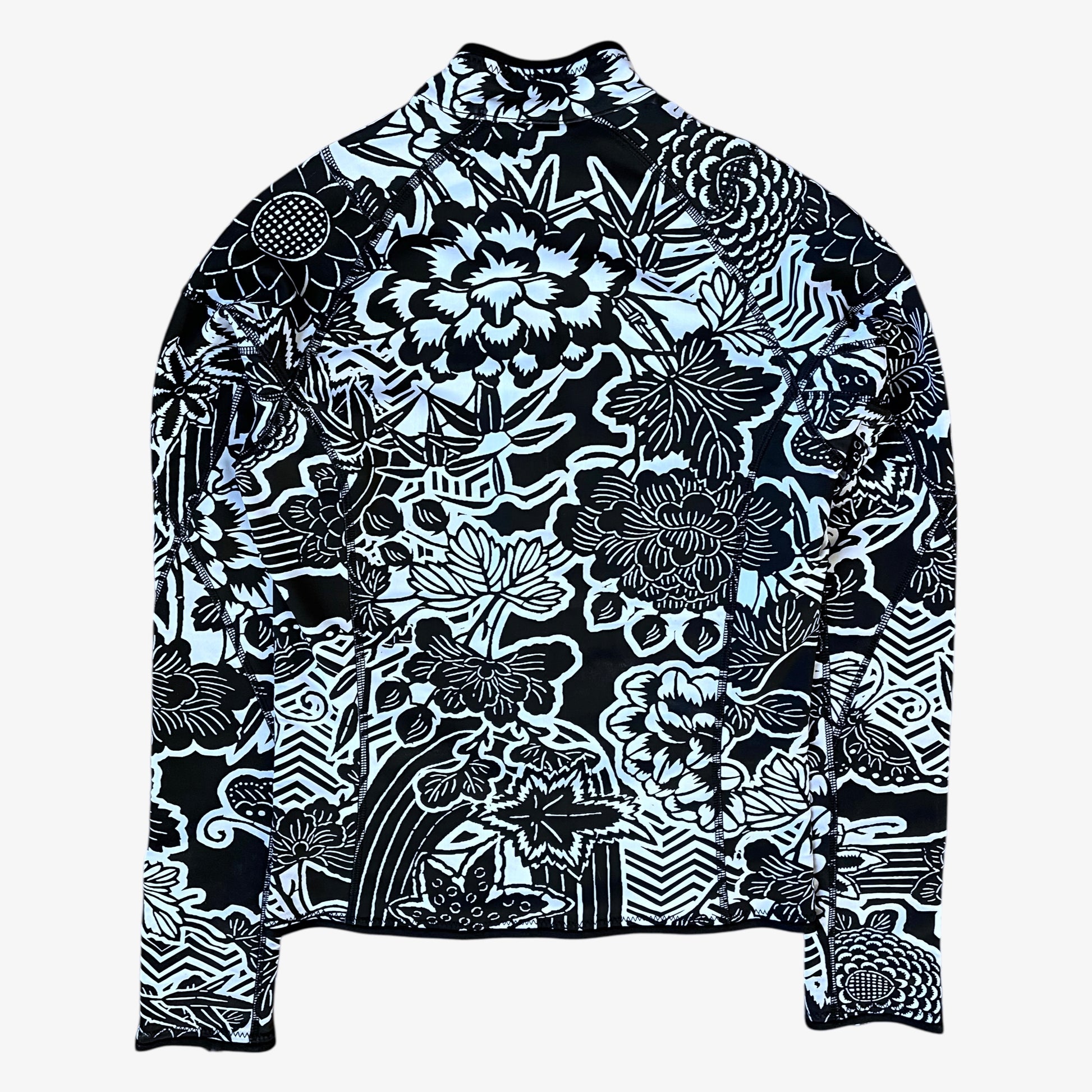 Back of vintage Y2K women's Roberto Cavalli Freedom abstract floral print black jacket.