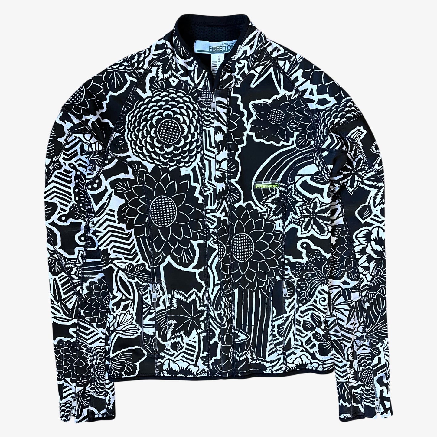 Vintage Y2K women's Roberto Cavalli Freedom abstract floral print black jacket.