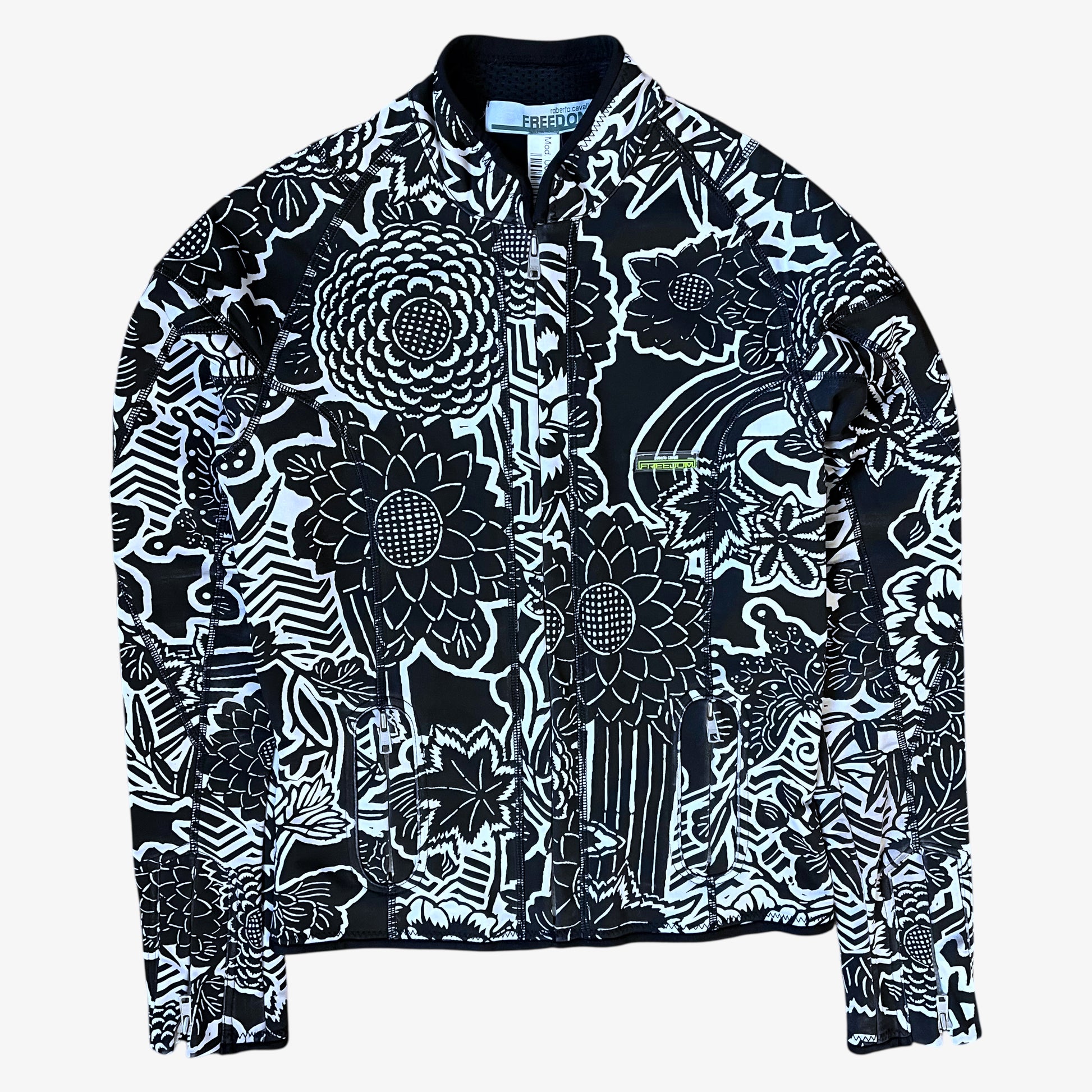 Vintage Y2K women's Roberto Cavalli Freedom abstract floral print black jacket.
