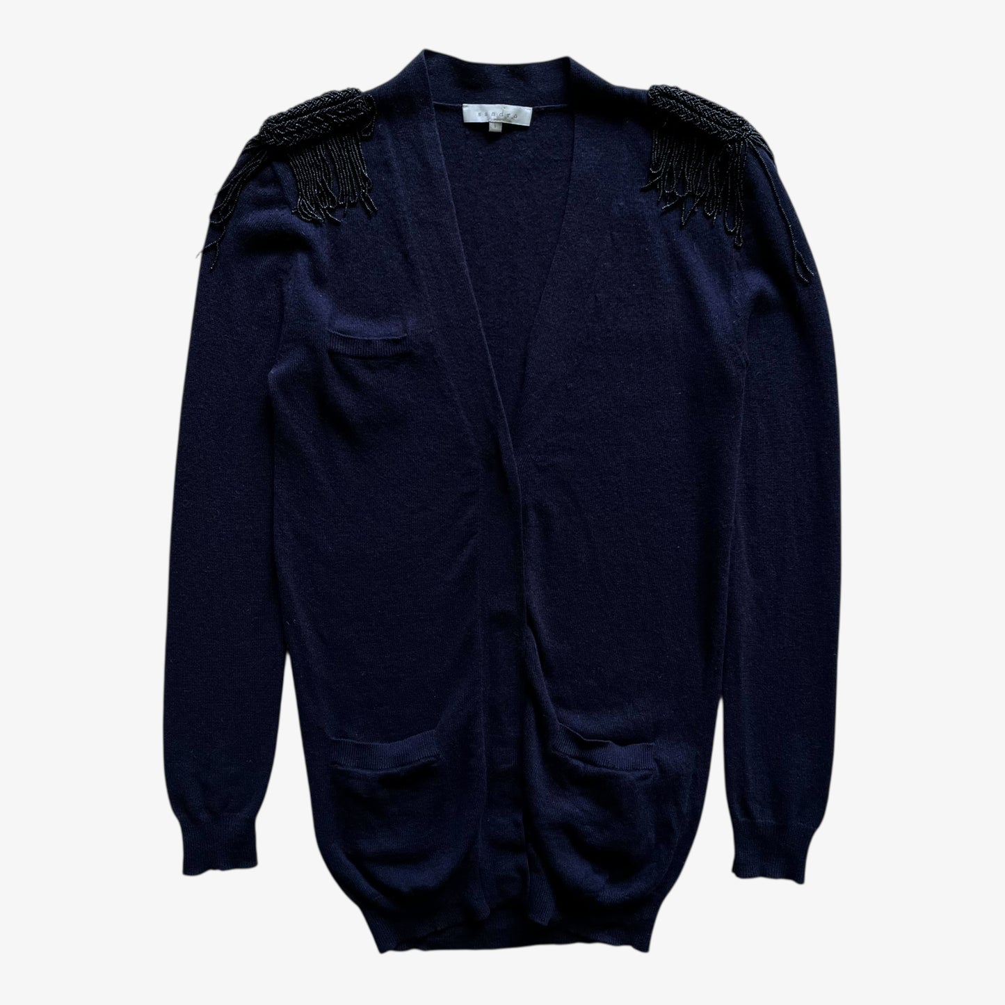 Vintage Y2K Womens Sandro Wool And Cashmere Navy Cardigan With Beaded Epaulettes - Casspios Dream
