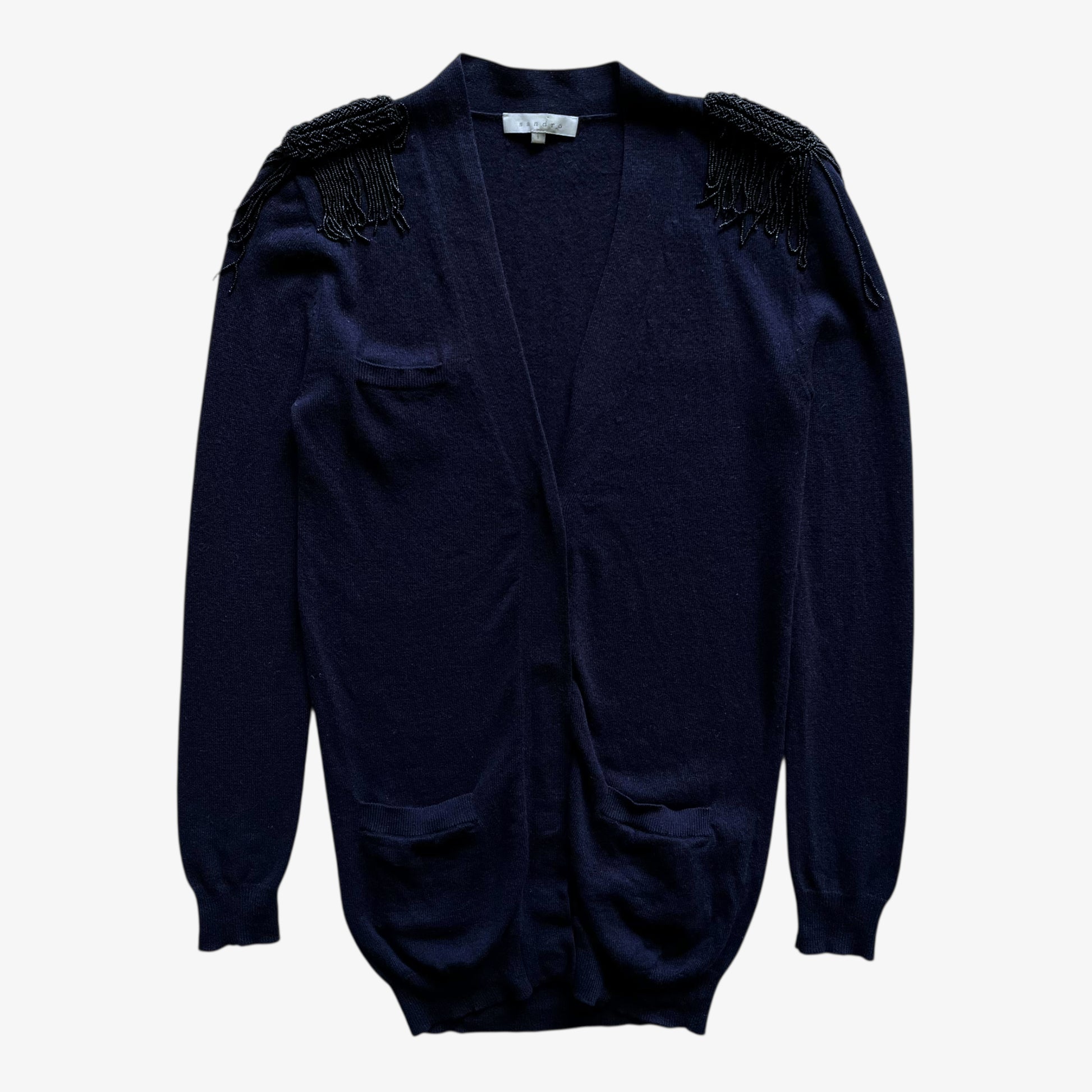 Vintage Y2K Womens Sandro Wool And Cashmere Navy Cardigan With Beaded Epaulettes - Casspios Dream
