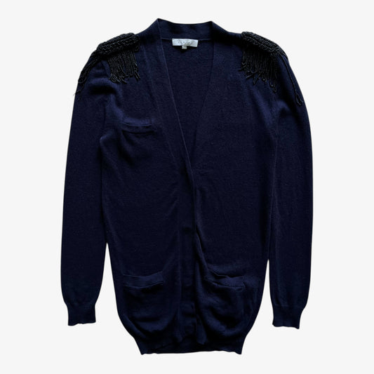 Vintage Y2K Womens Sandro Wool And Cashmere Navy Cardigan With Beaded Epaulettes - Casspios Dream