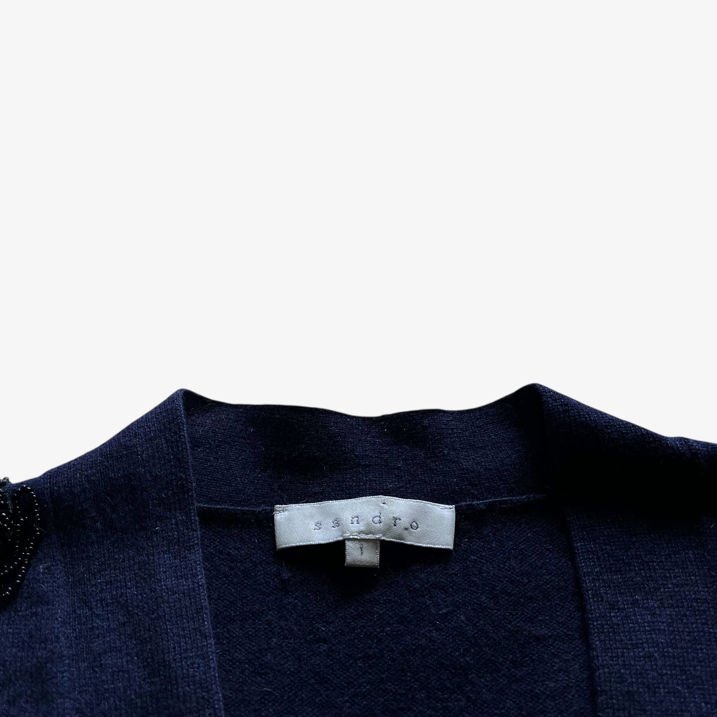 Vintage Y2K Womens Sandro Wool And Cashmere Navy Cardigan With Beaded Epaulettes Label - Casspios Dream