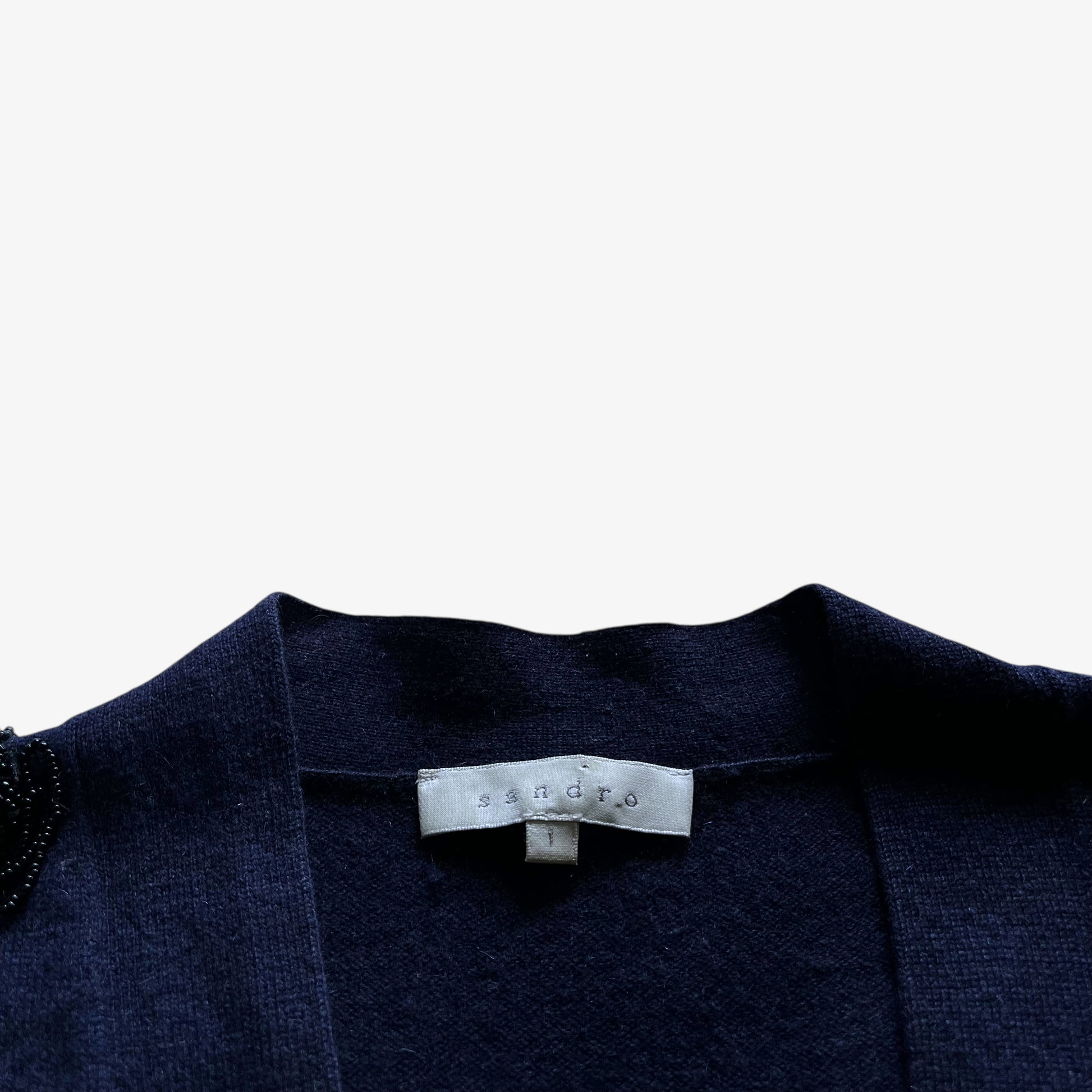 Vintage Y2K Womens Sandro Wool And Cashmere Navy Cardigan With Beaded Epaulettes Label - Casspios Dream