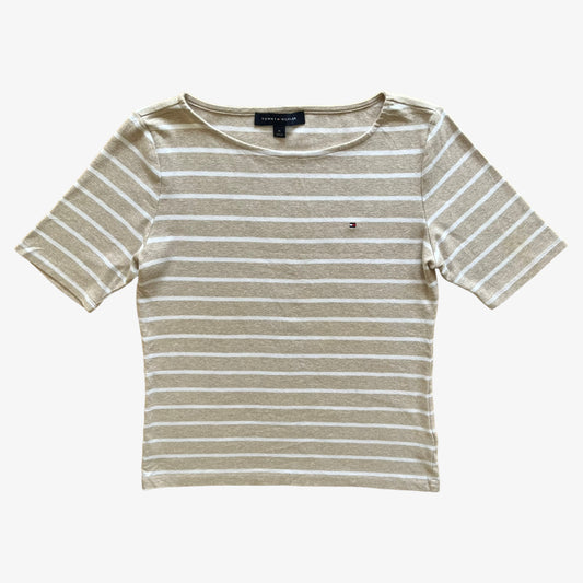 Vintage Y2K Womens Tommy Hilfiger Beige And White Short Sleeve Striped Top - Casspios Dream