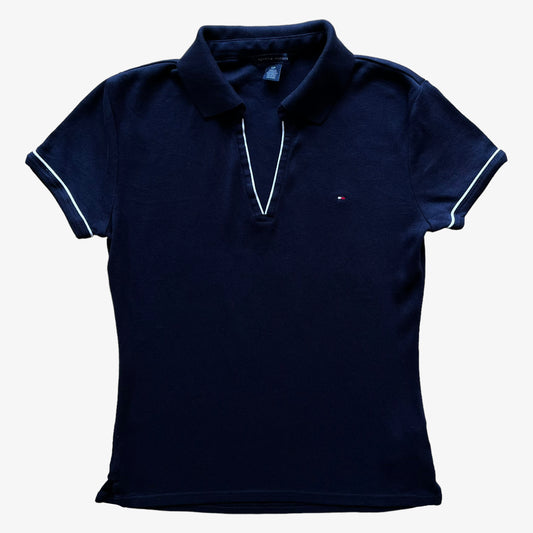 Vintage Y2K Womens Tommy Hilfiger Navy V-Neck Polo Shirt With Embroidered Breast Logo - Casspios Dream