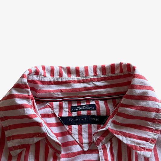 Vintage Y2K Womens Tommy Hilfiger Orange & White Striped Long Sleeve Shirt With Pull Cord Fastener Label - Casspios Dream