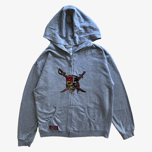 Vintage Y2K Womens Walt Disney World Pirates Of The Caribbean Embroidered Skull Grey Hooded Jacket - Casspios Dream