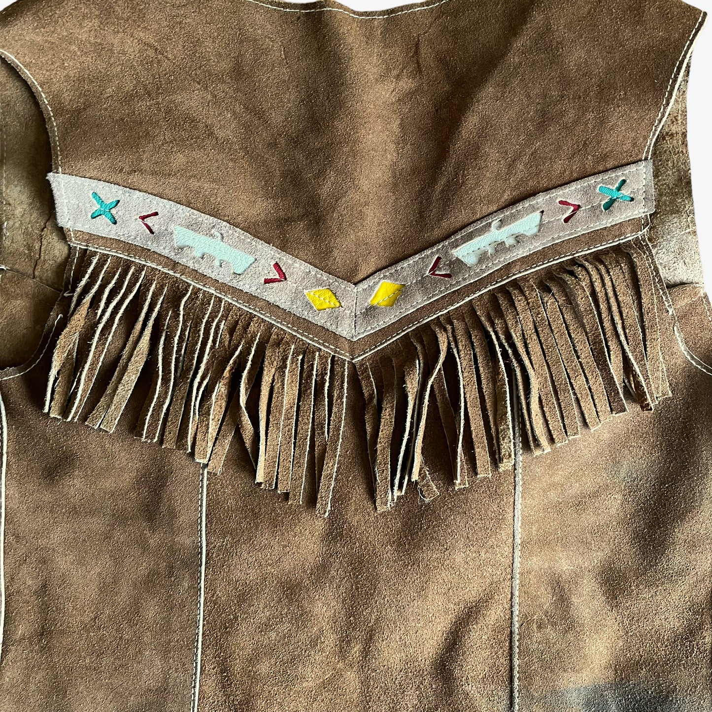 Vintage 1960s Womens Aztec Leather Tassel Waistcoat Back - Casspios Dream