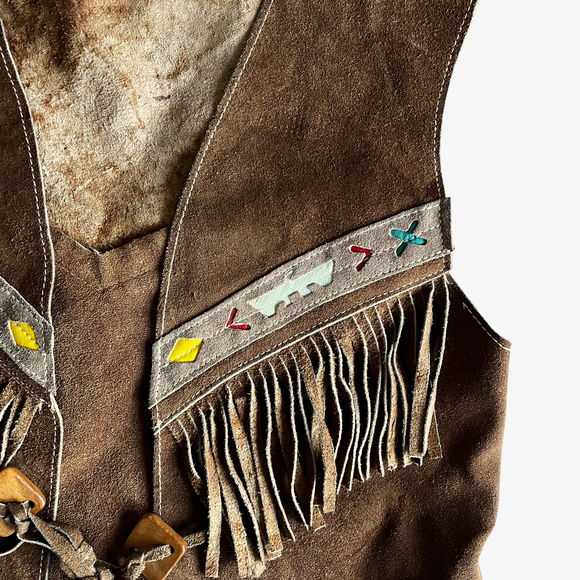 Vintage 1960s Womens Aztec Leather Tassel Waistcoat Fringe - Casspios Dream