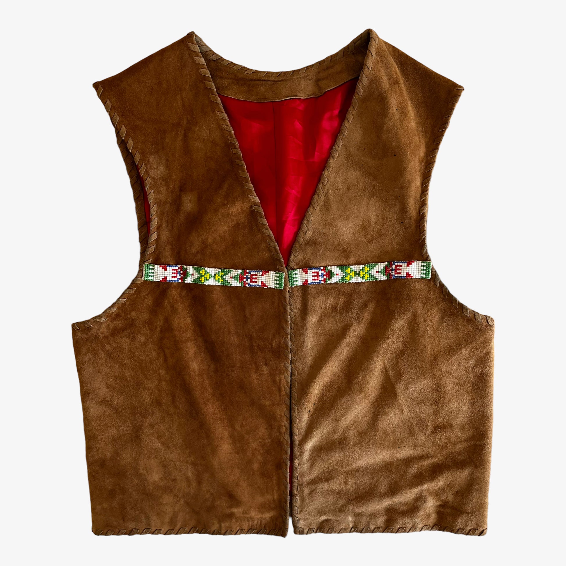Vintage 1960s Womens Brown Leather Beaded Waistcoat - Casspios Dream