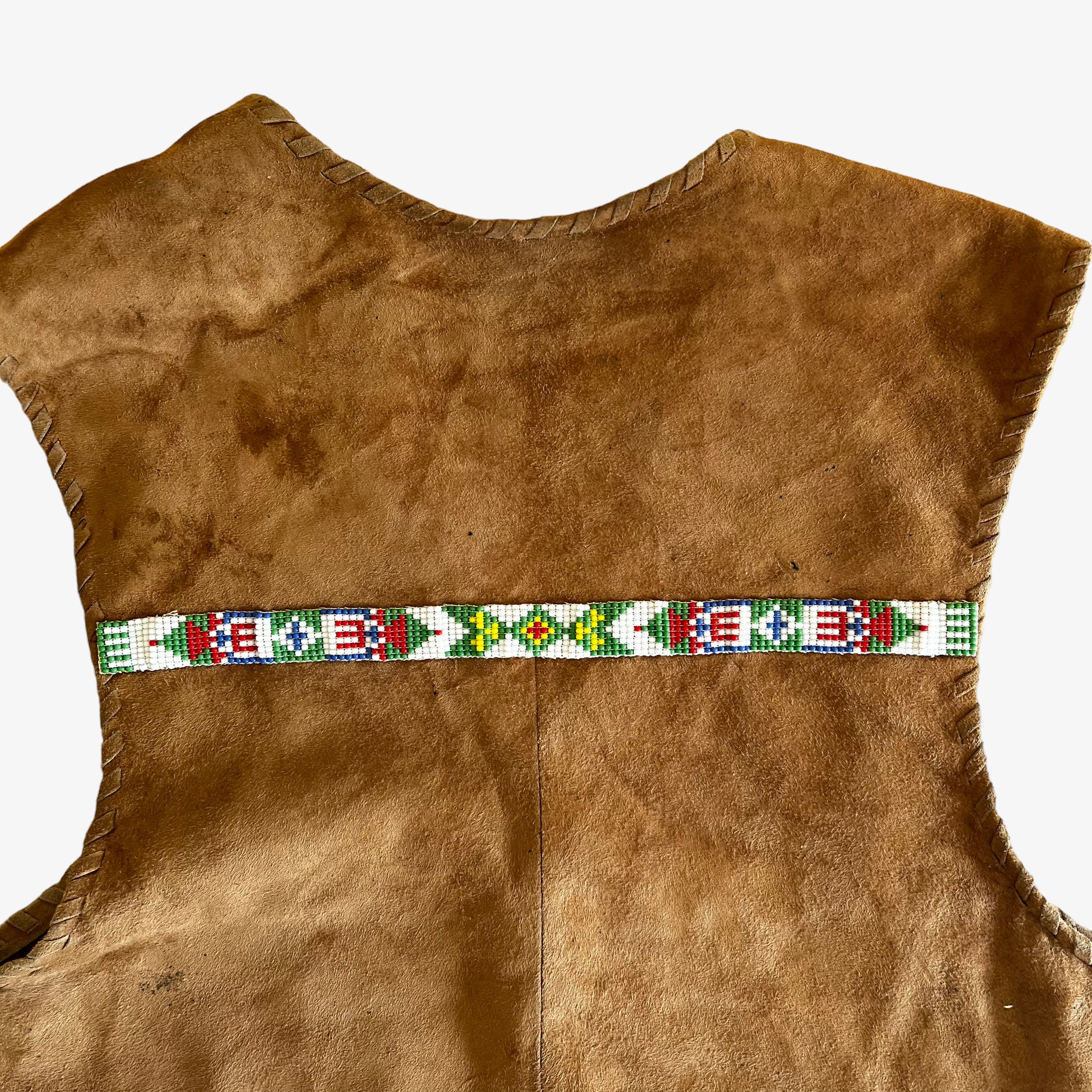 Vintage 1960s Womens Brown Leather Beaded Waistcoat Back Design - Casspios Dream