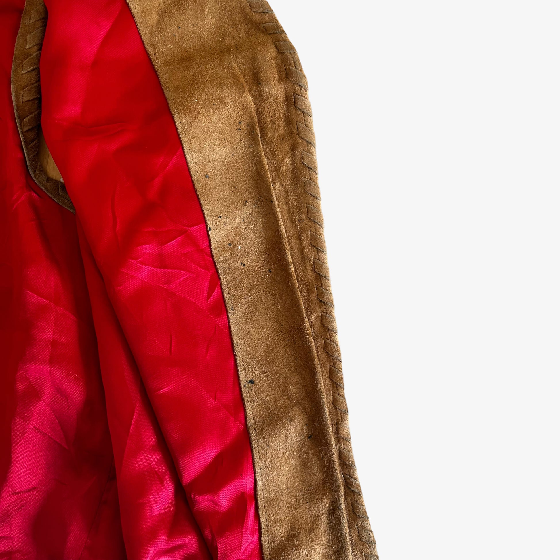 Vintage 1960s Womens Brown Leather Beaded Waistcoat Inside - Casspios Dream