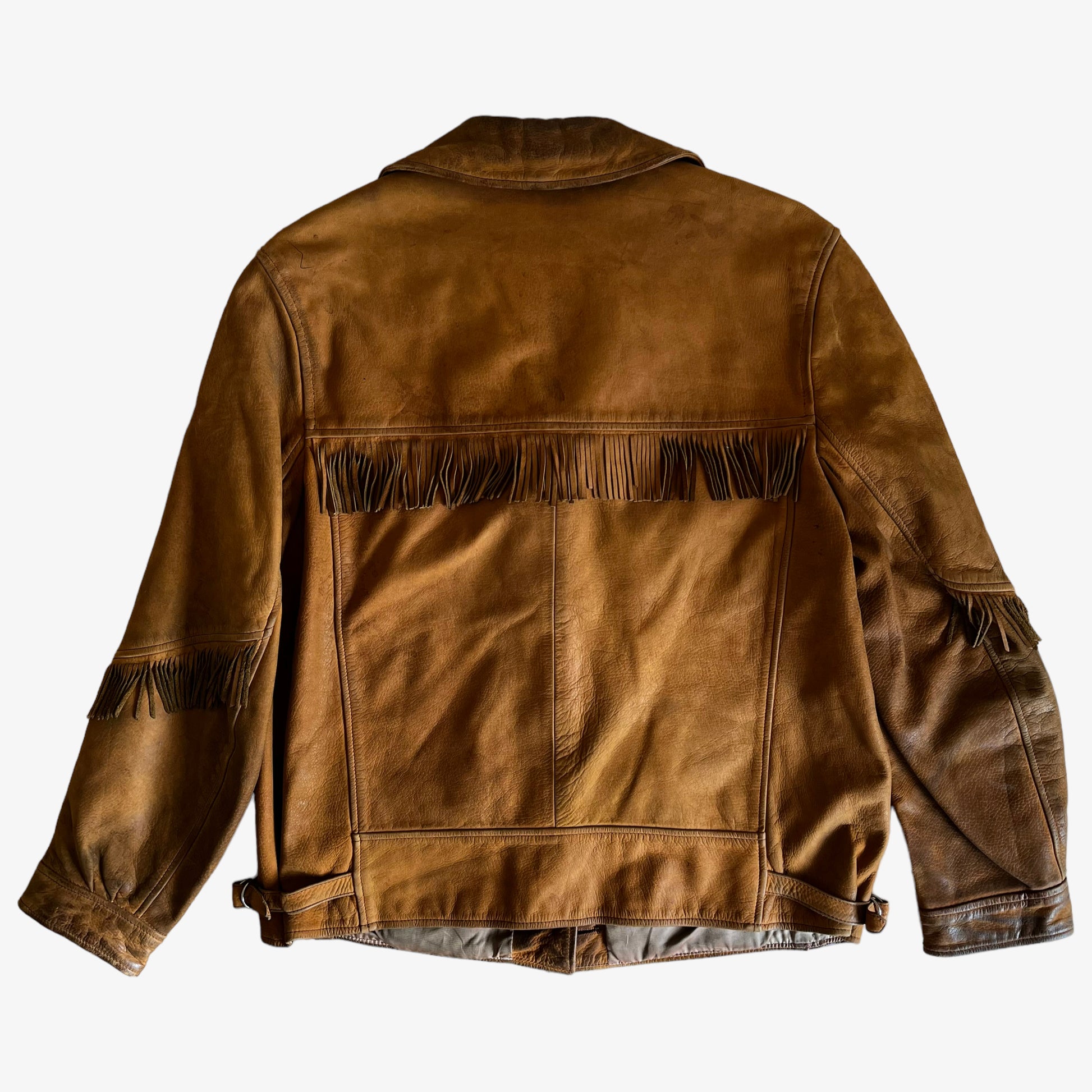 Vintage 1970s Womens Ohel Brown Leather Fringe Tassel Jacket Back - Casspios Dream