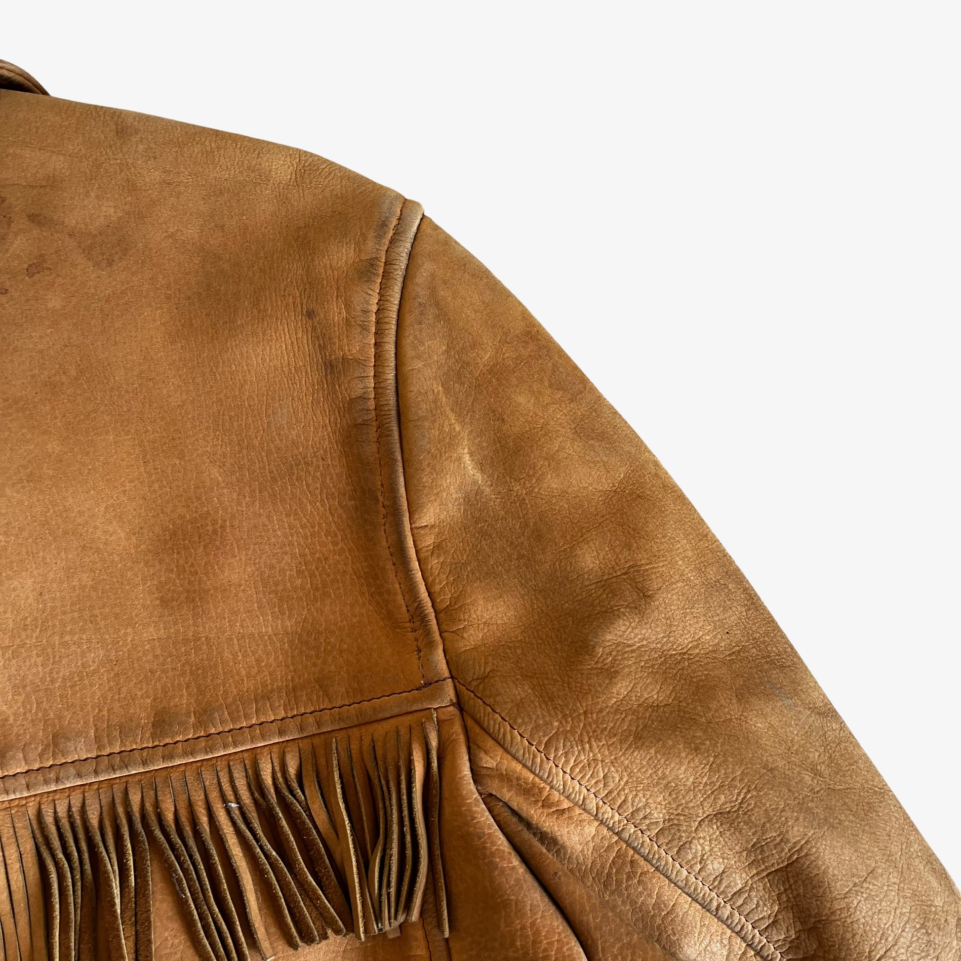 Vintage 1970s Womens Ohel Brown Leather Fringe Tassel Jacket Back Shoulder - Casspios Dream