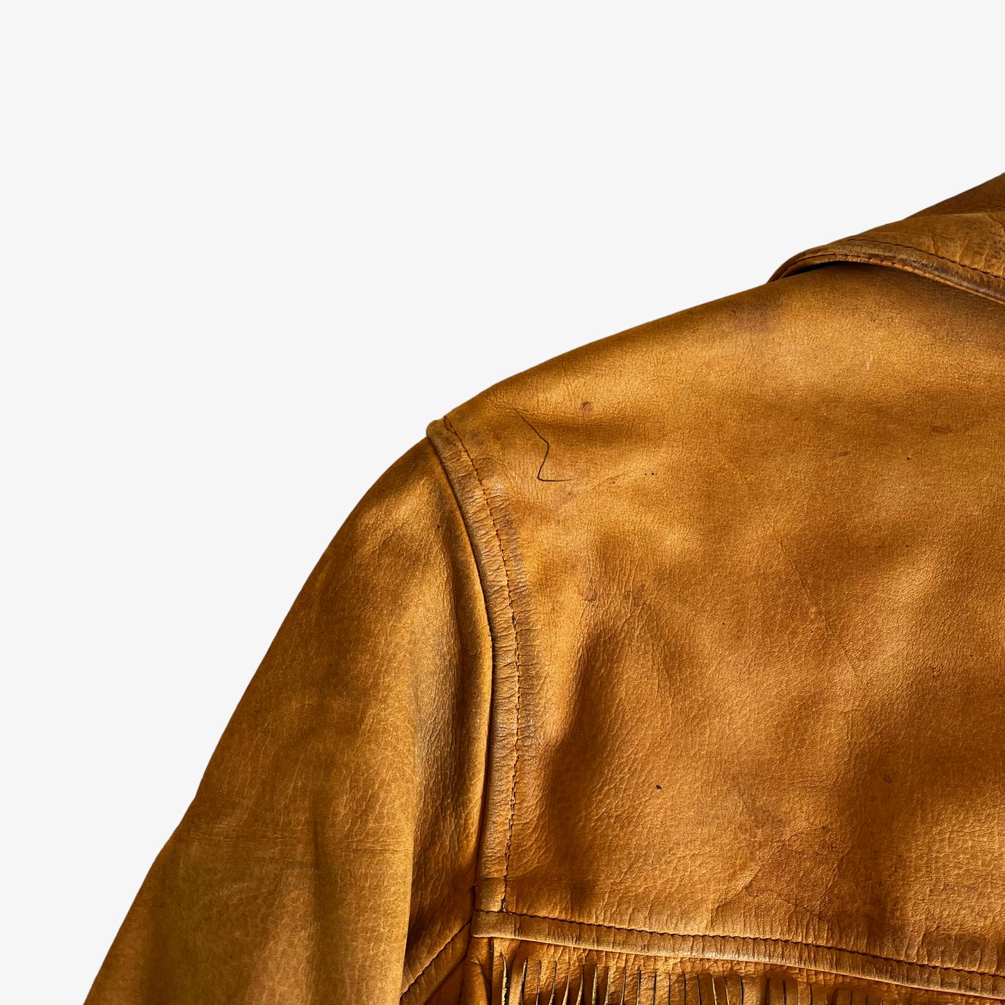 Vintage 1970s Womens Ohel Brown Leather Fringe Tassel Jacket Back Wear - Casspios Dream