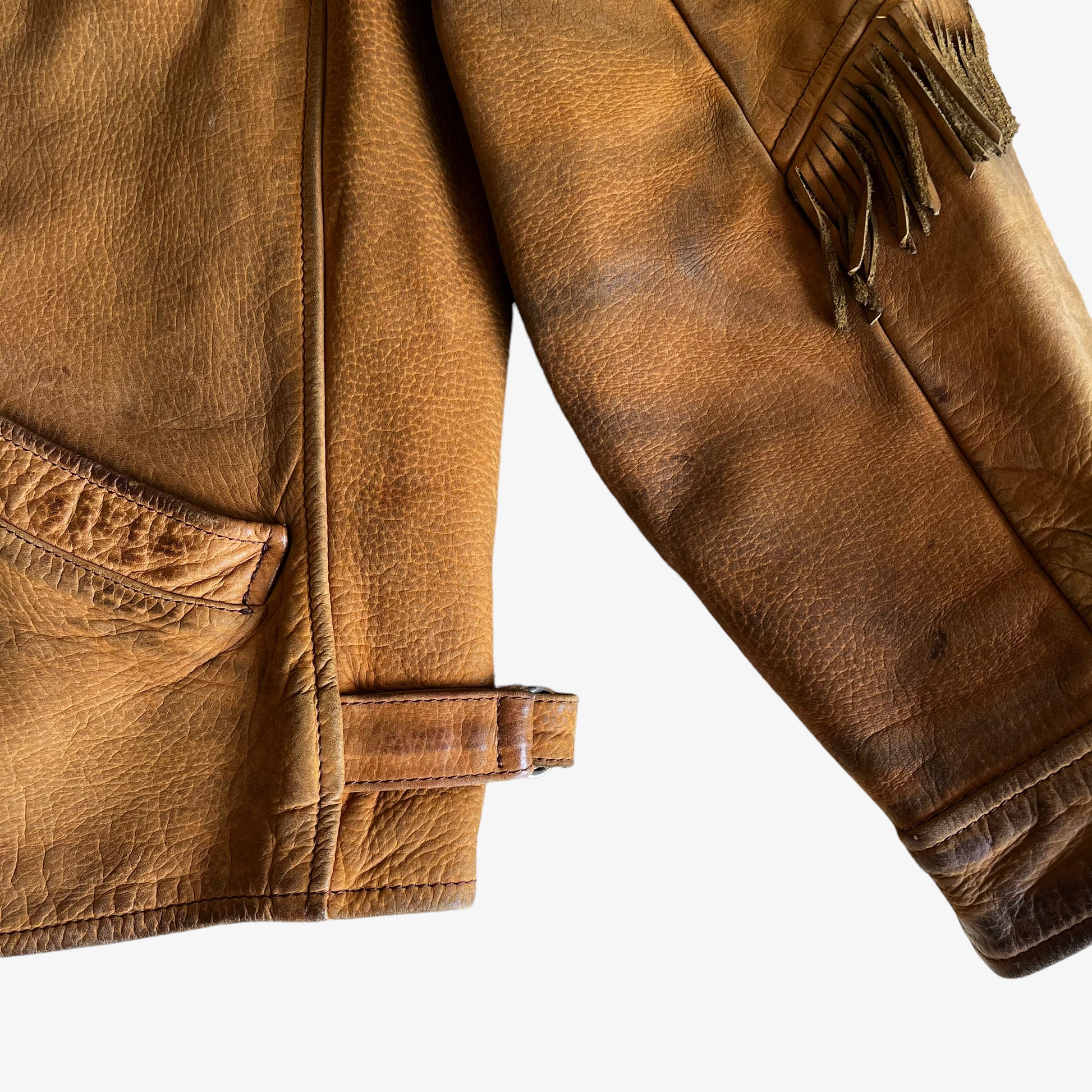 Vintage 1970s Womens Ohel Brown Leather Fringe Tassel Jacket Buckle - Casspios Dream