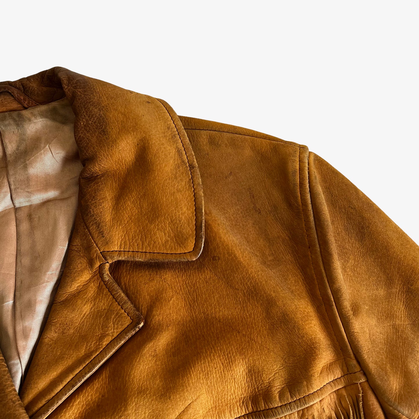 Vintage 1970s Womens Ohel Brown Leather Fringe Tassel Jacket Collar Wear - Casspios Dream
