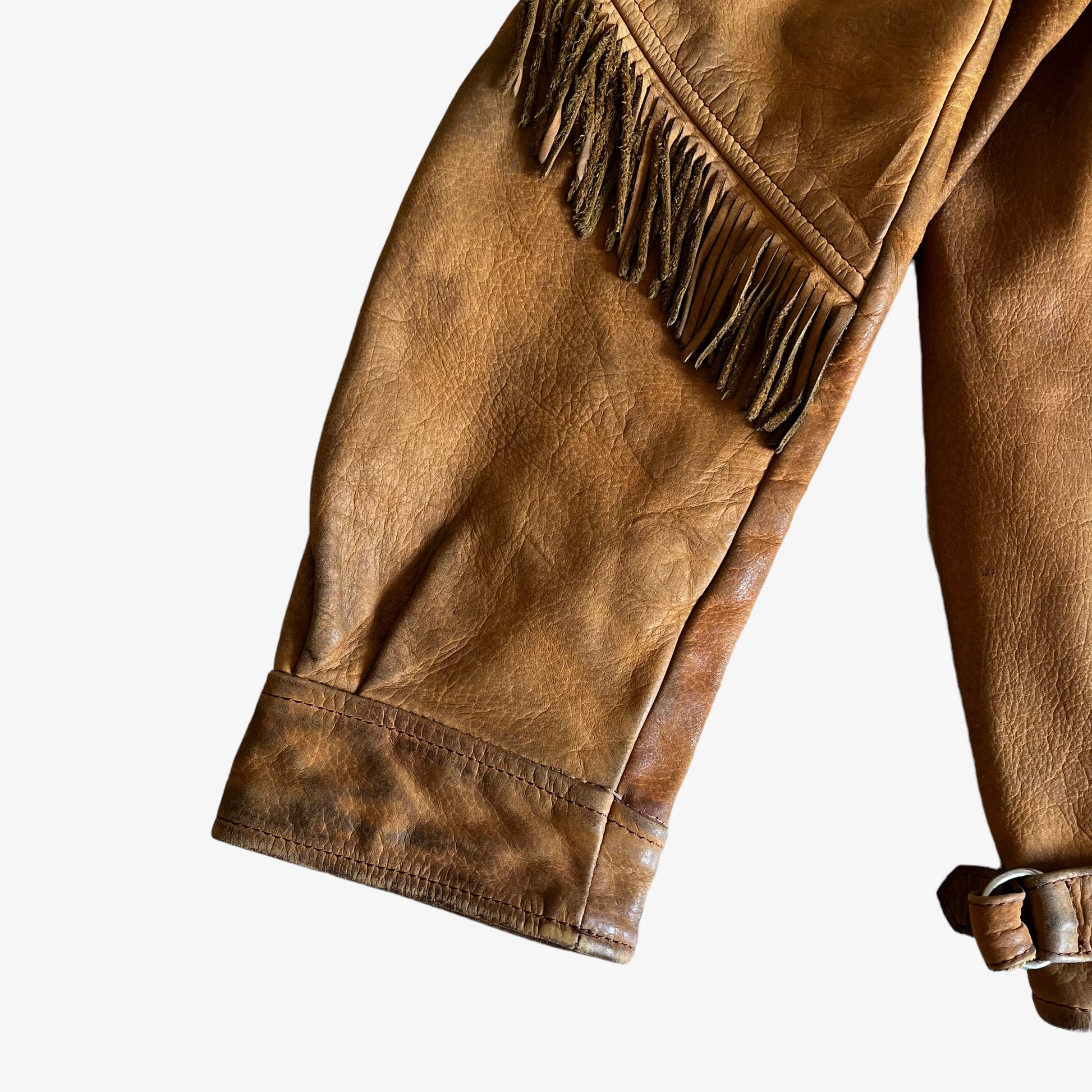 Vintage 1970s Womens Ohel Brown Leather Fringe Tassel Jacket Cuff - Casspios Dream