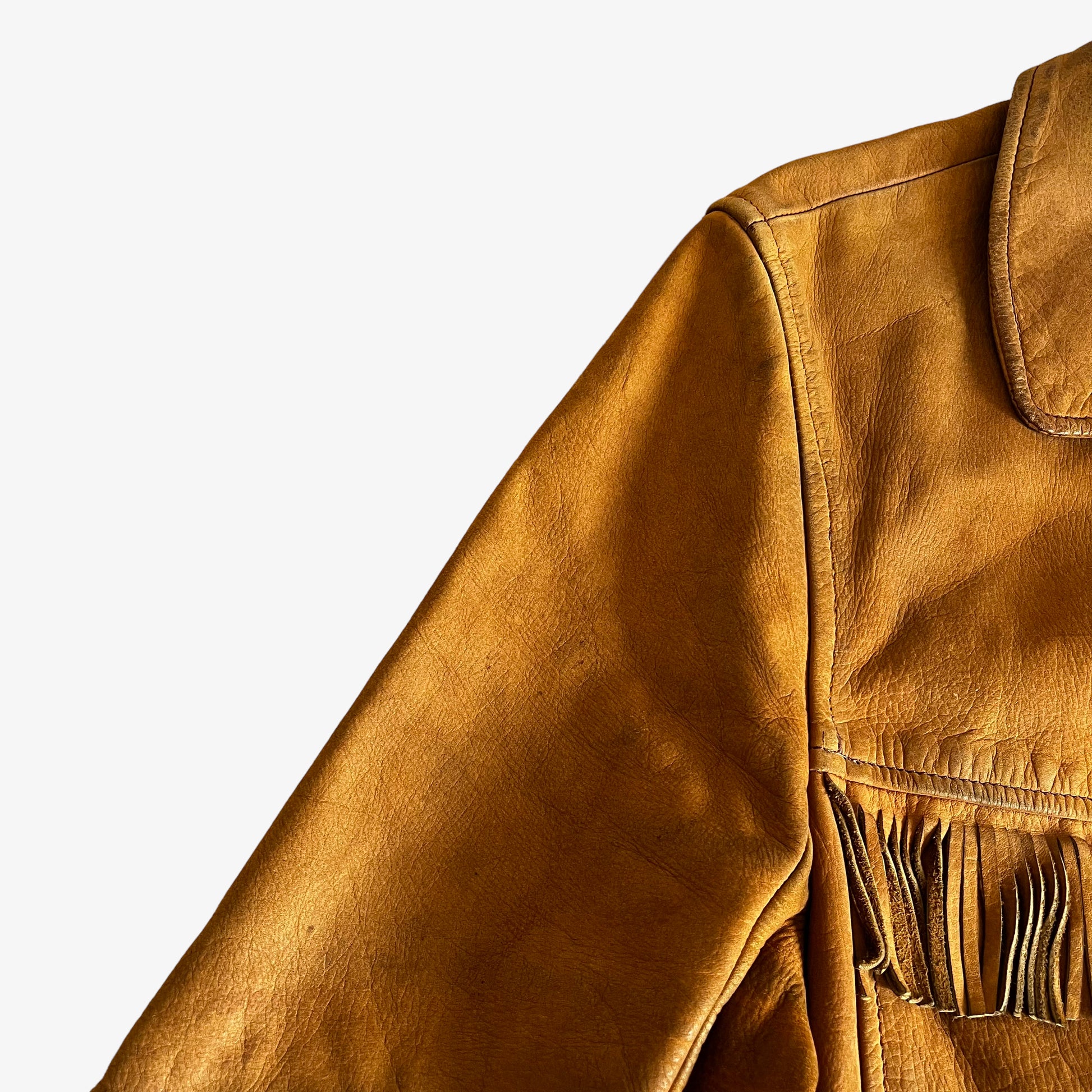 Vintage 1970s Womens Ohel Brown Leather Fringe Tassel Jacket Shoulder - Casspios Dream
