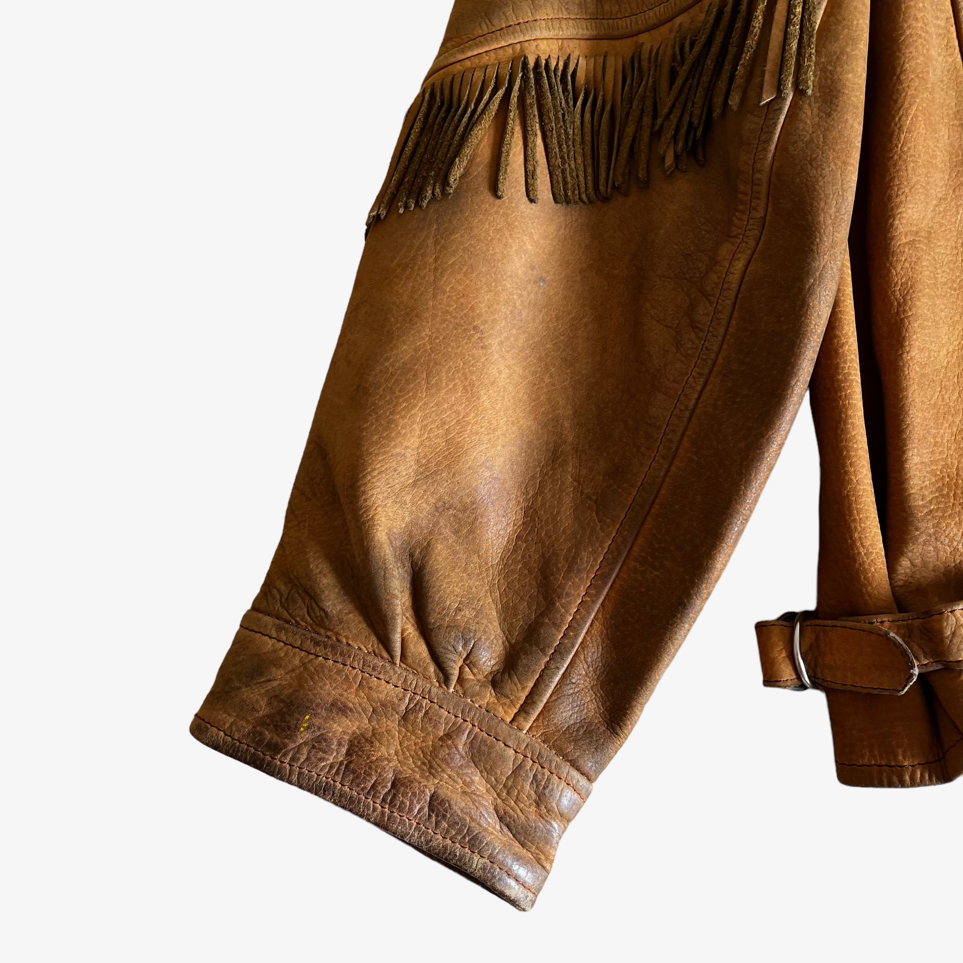 Vintage 1970s Womens Ohel Brown Leather Fringe Tassel Jacket Sleeve - Casspios Dream