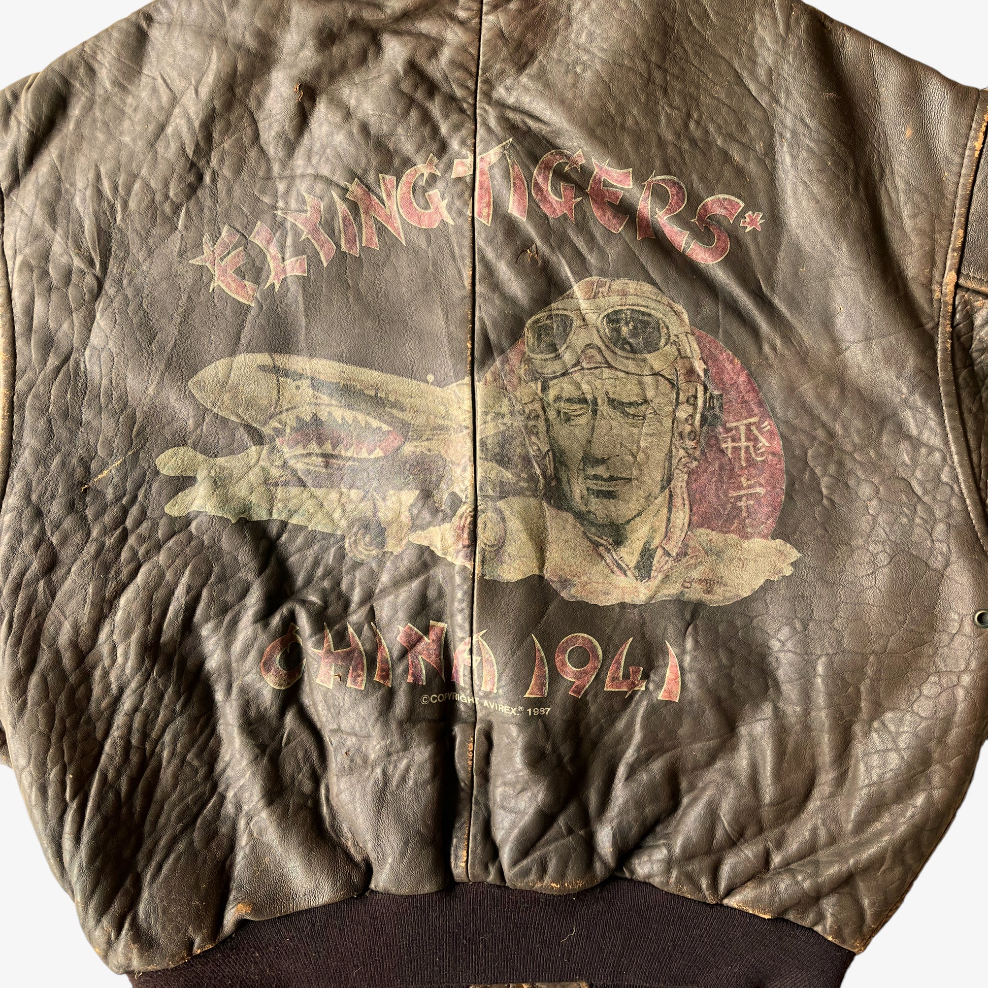 Vintage 1980s AVIREX 1987 Flying Tiger China 1941 Back Graphic Leather Pilot Jacket Logo - Casspios Dream