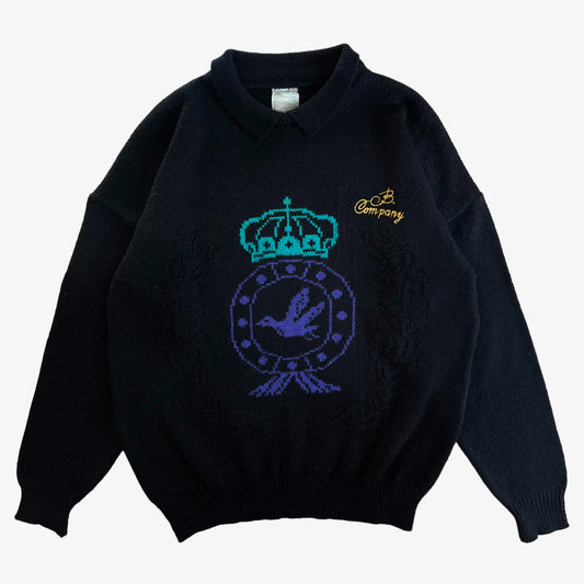 Vintage 1980s Best Company Bird And Crown Crest Graphic Print Knitted Collared Jumper - Casspios Dream