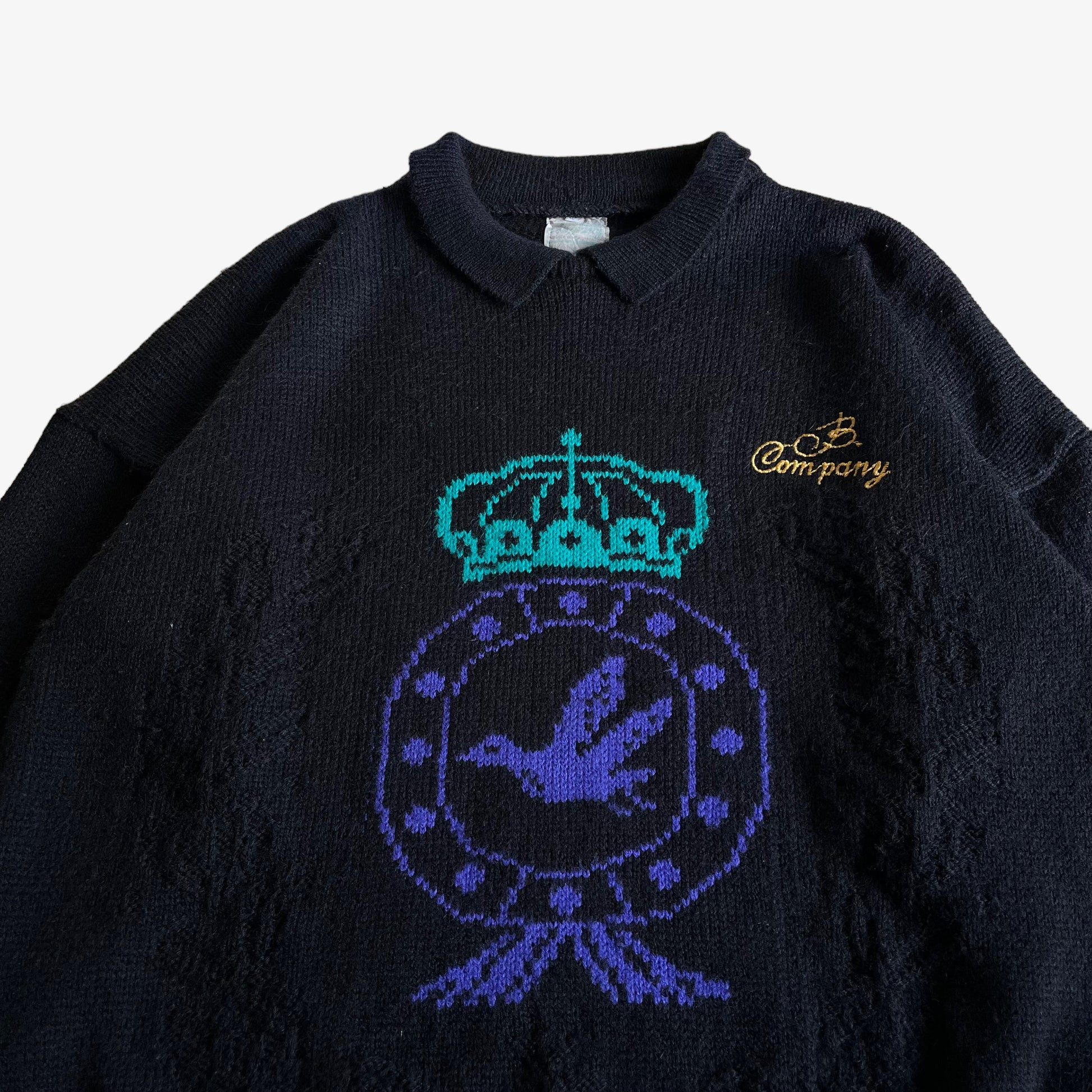 Vintage 1980s Best Company Bird And Crown Crest Graphic Print Knitted Collared Jumper Badge - Casspios Dream