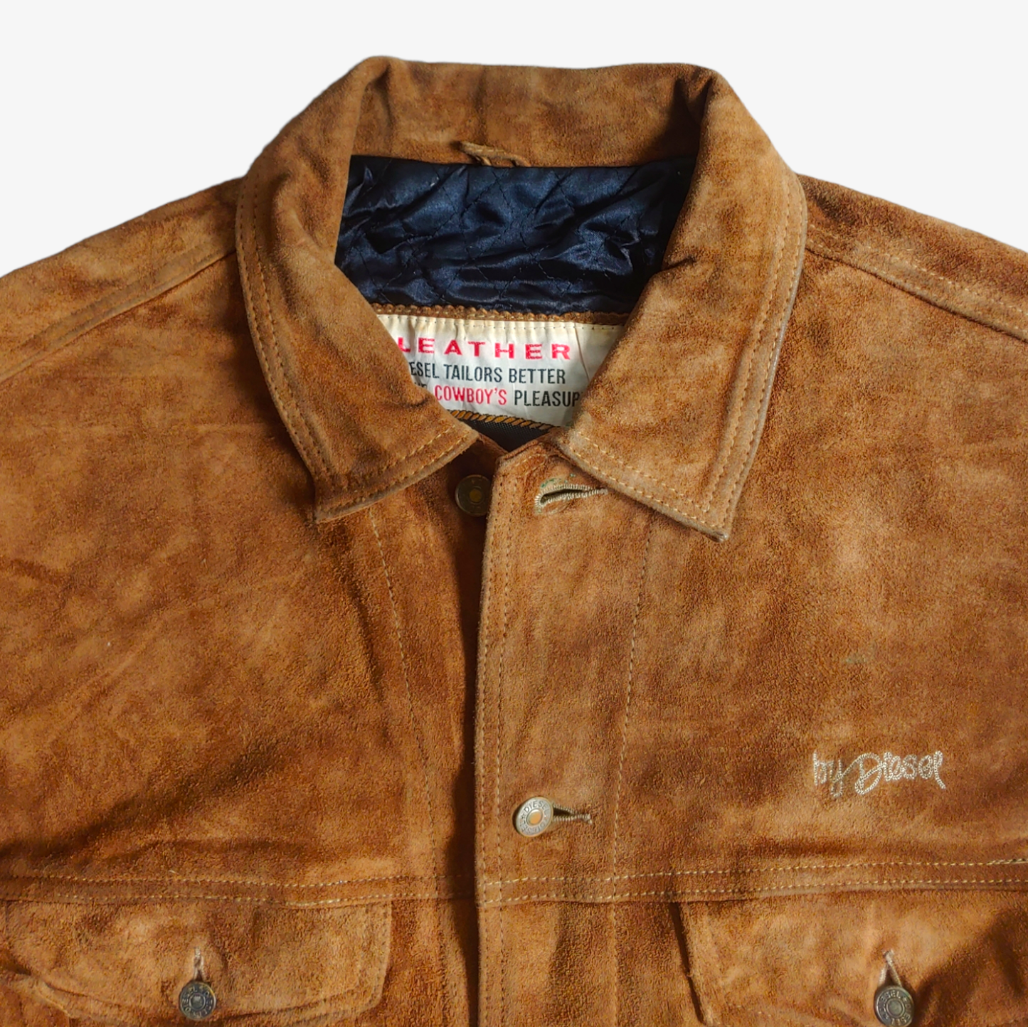 Vintage 1980s By Diesel Brown Suede Leather Trucker Jacket Collar - Casspios Dream