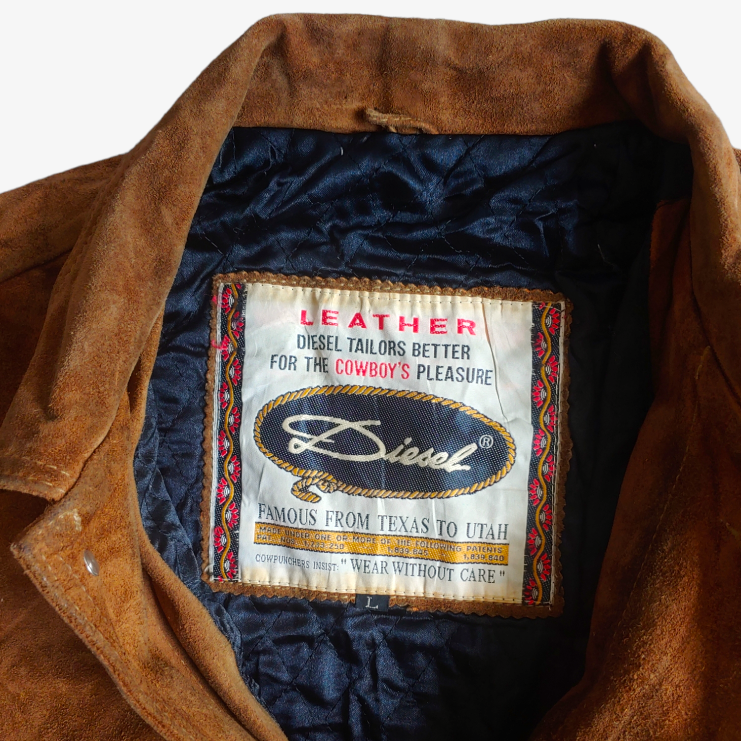 Vintage 1980s By Diesel Brown Suede Leather Trucker Jacket Label - Casspios Dream