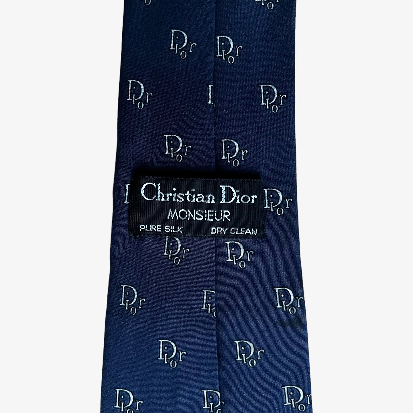 Vintage 1980s Christian Dior Monsieur Spell Out Navy Silk Tie Label - Casspios Dream