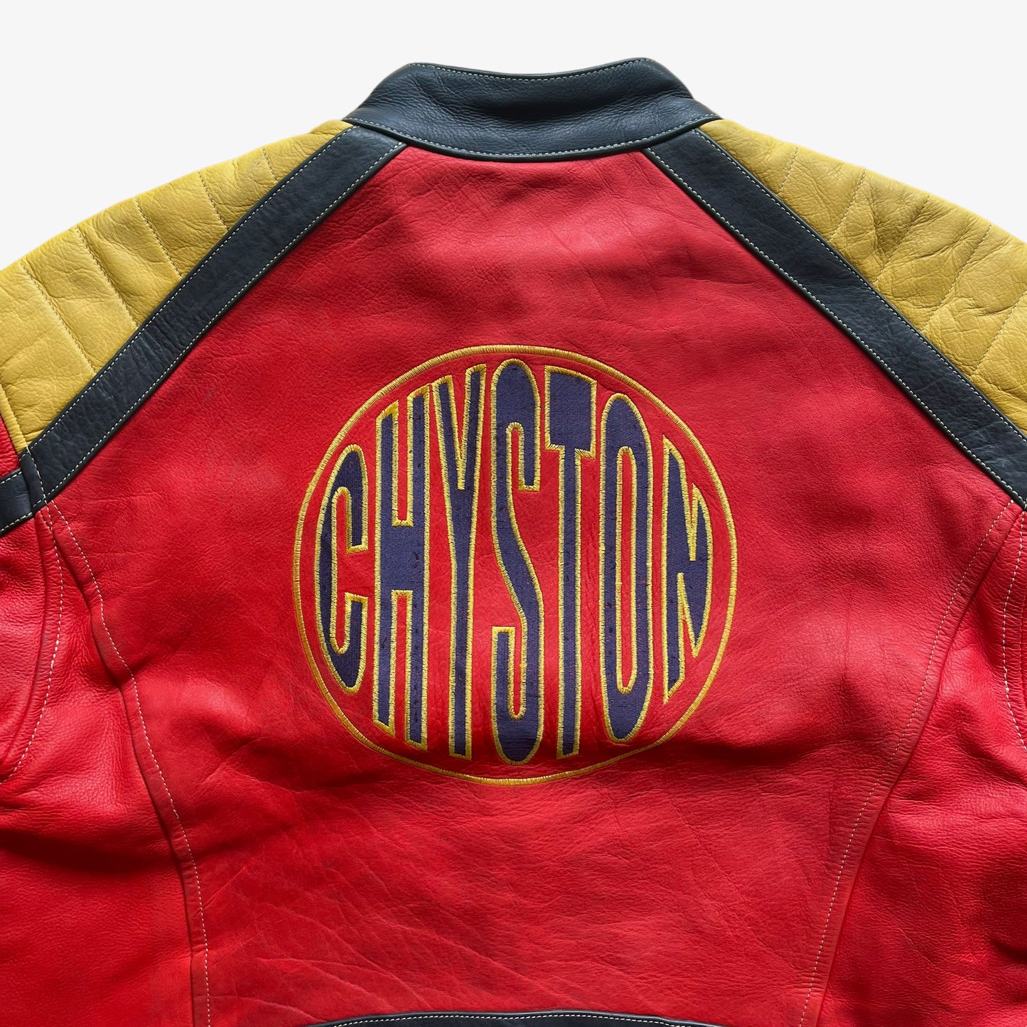 Vintage 1980s Chyston Red Leather Racing Jacket Back Logo - Casspios Dream
