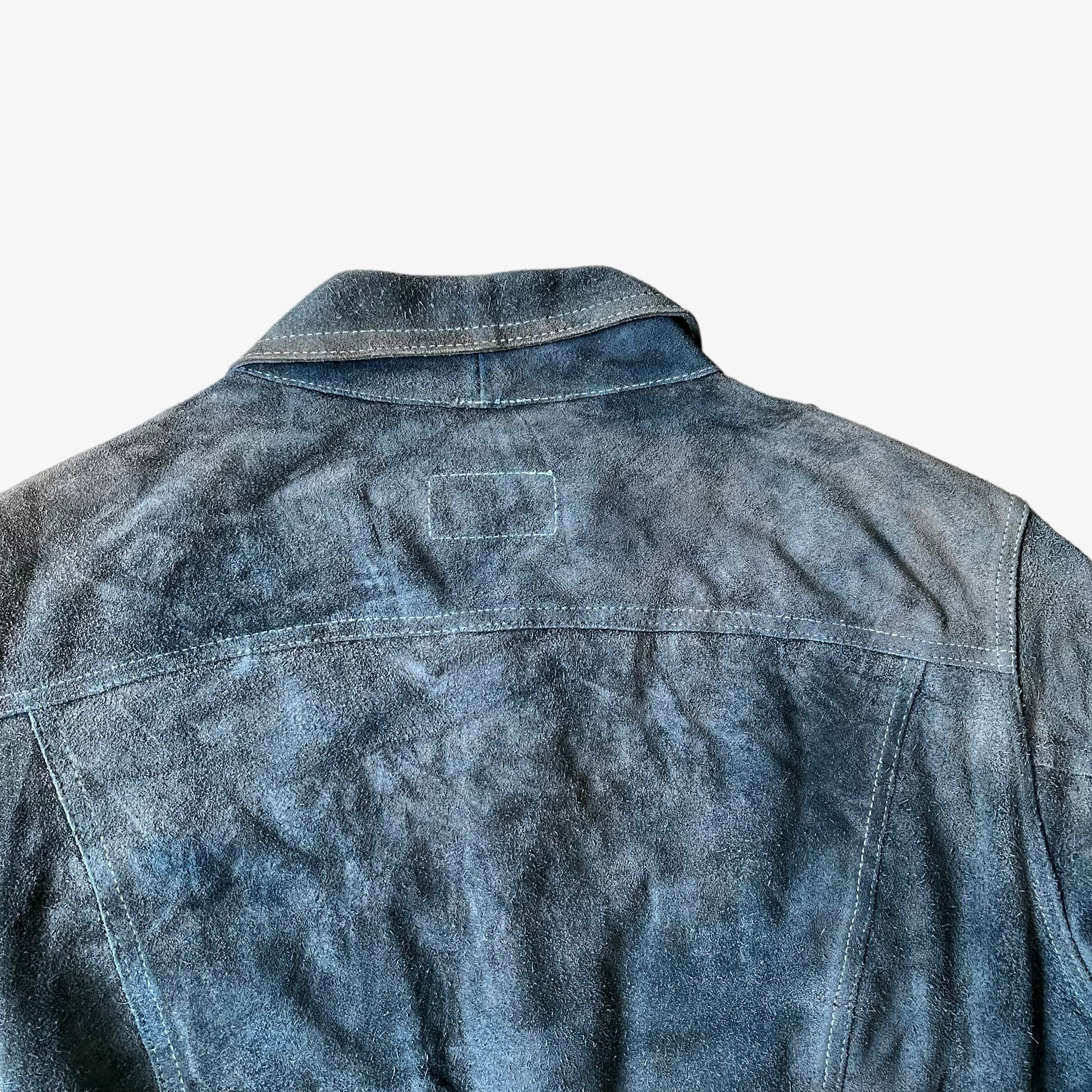 Vintage 1980s Diesel Blue Navy Leather Suede Jacket Back Wear - Casspios Dream