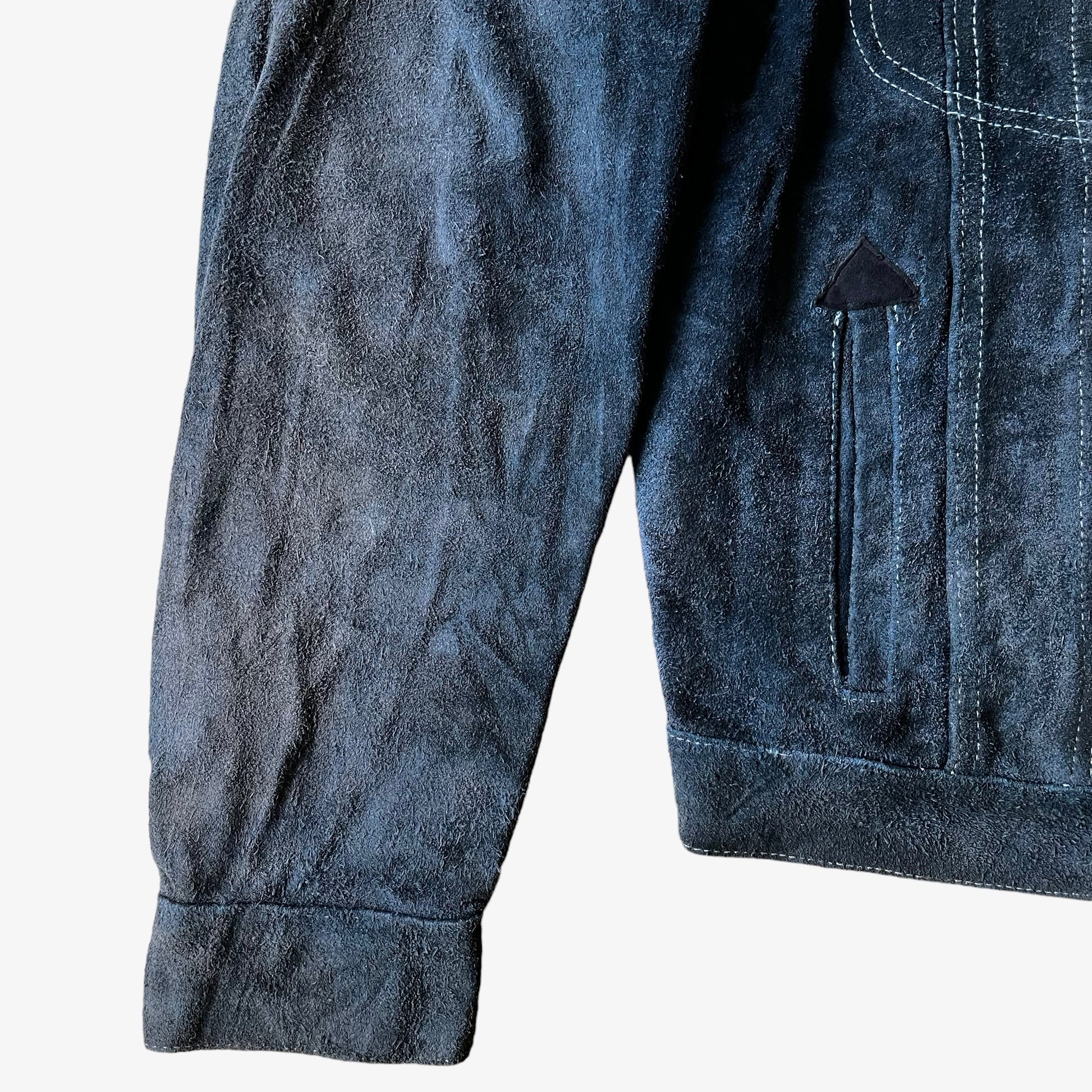 Vintage 1980s Diesel Blue Navy Leather Suede Jacket Cuff - Casspios Dream