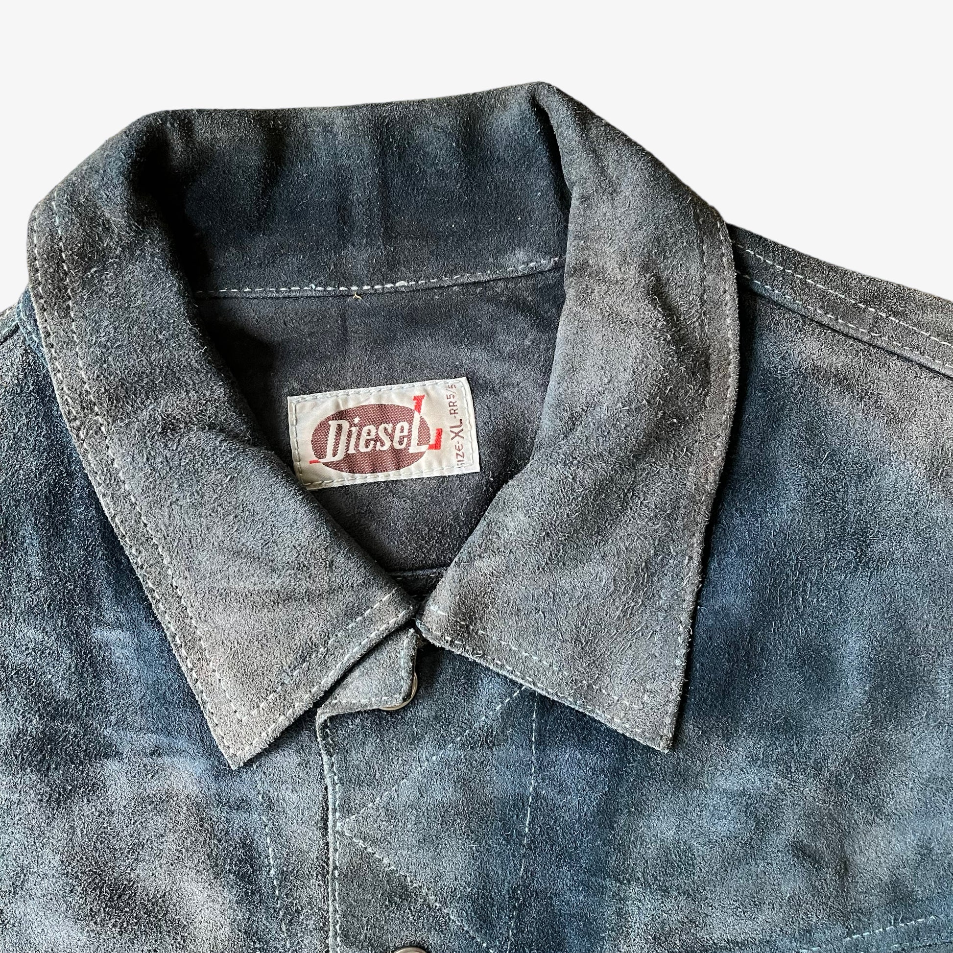 Vintage 1980s Diesel Blue Navy Leather Suede Jacket Label - Casspios Dream