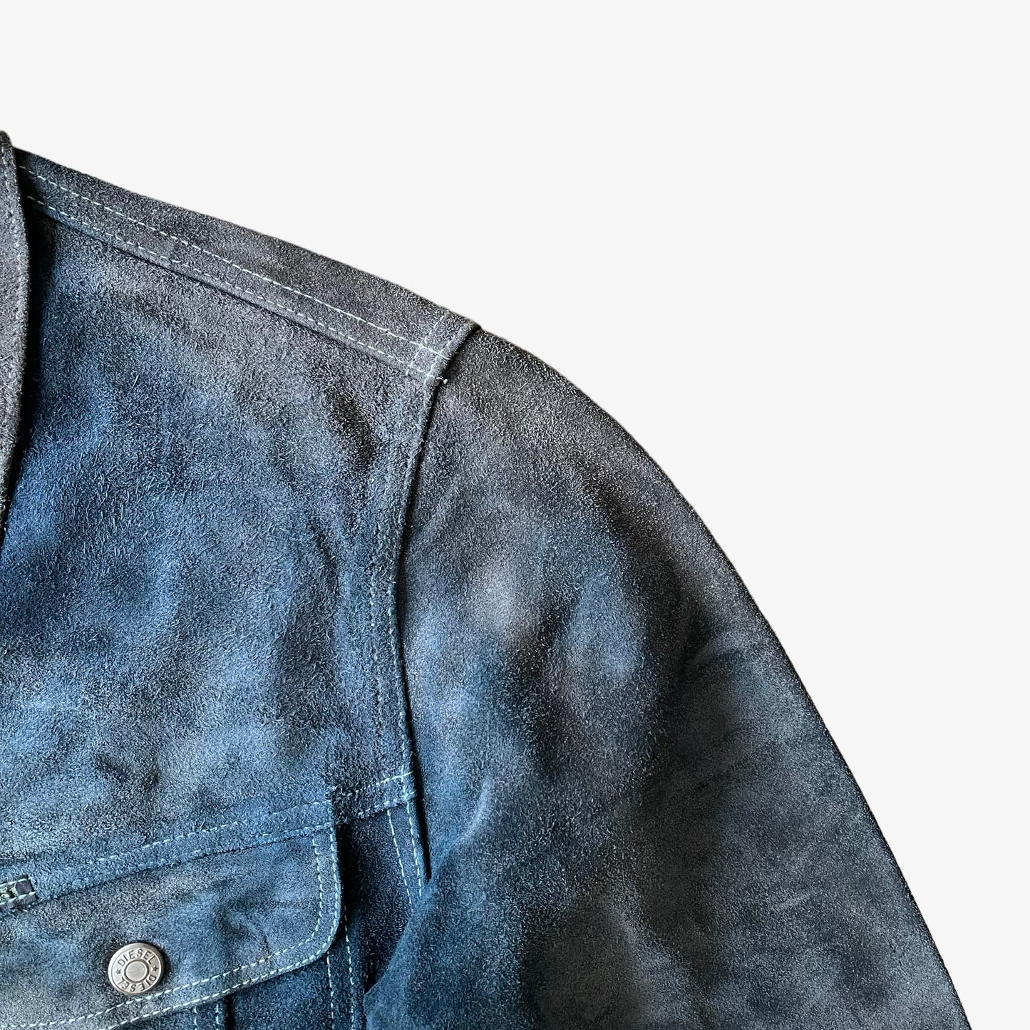 Vintage 1980s Diesel Blue Navy Leather Suede Jacket Shoulder - Casspios Dream