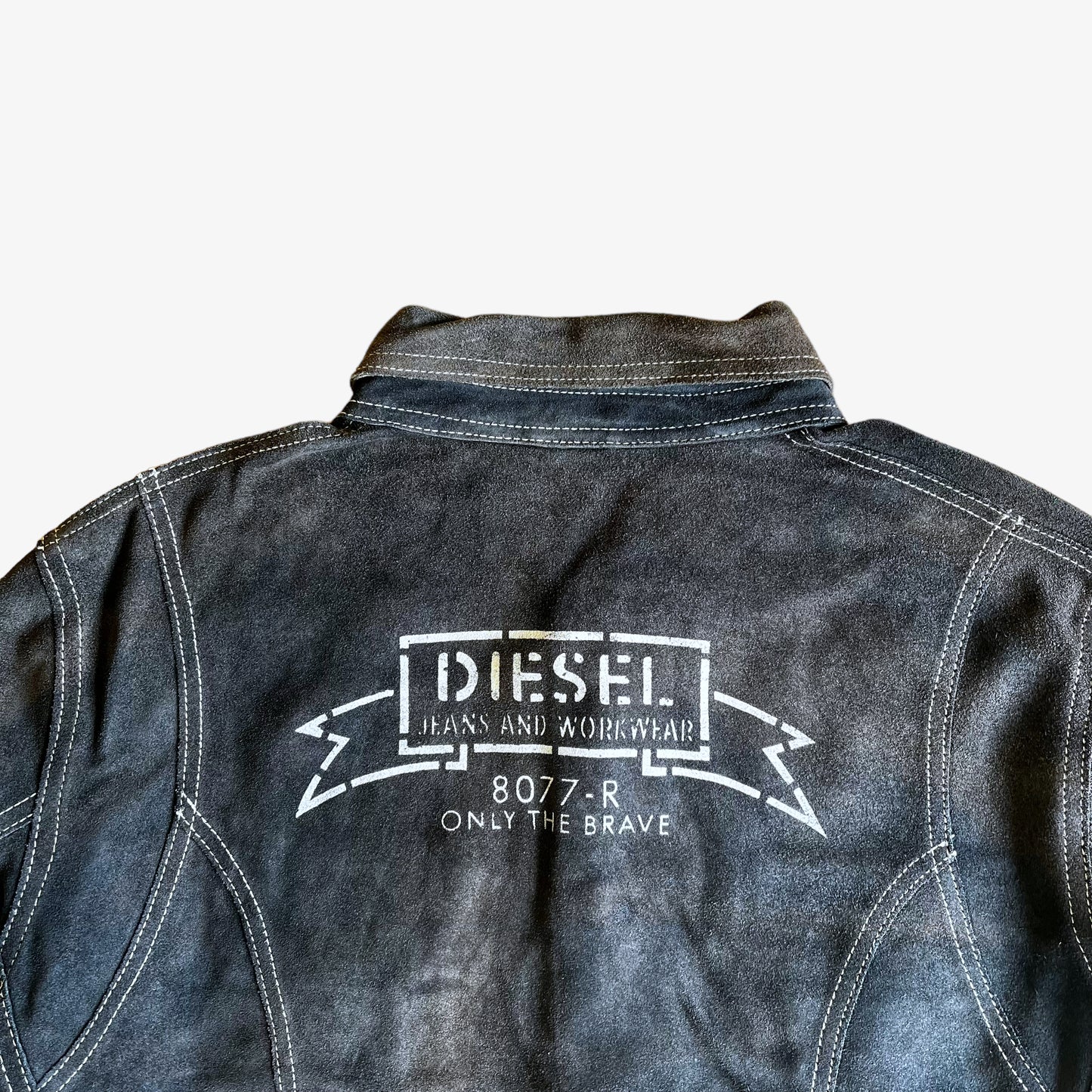 Vintage 1980s Diesel Jeans Workwear 8077-R Blue Leather Suede Reversible Jacket Back Print – Casspios Dream