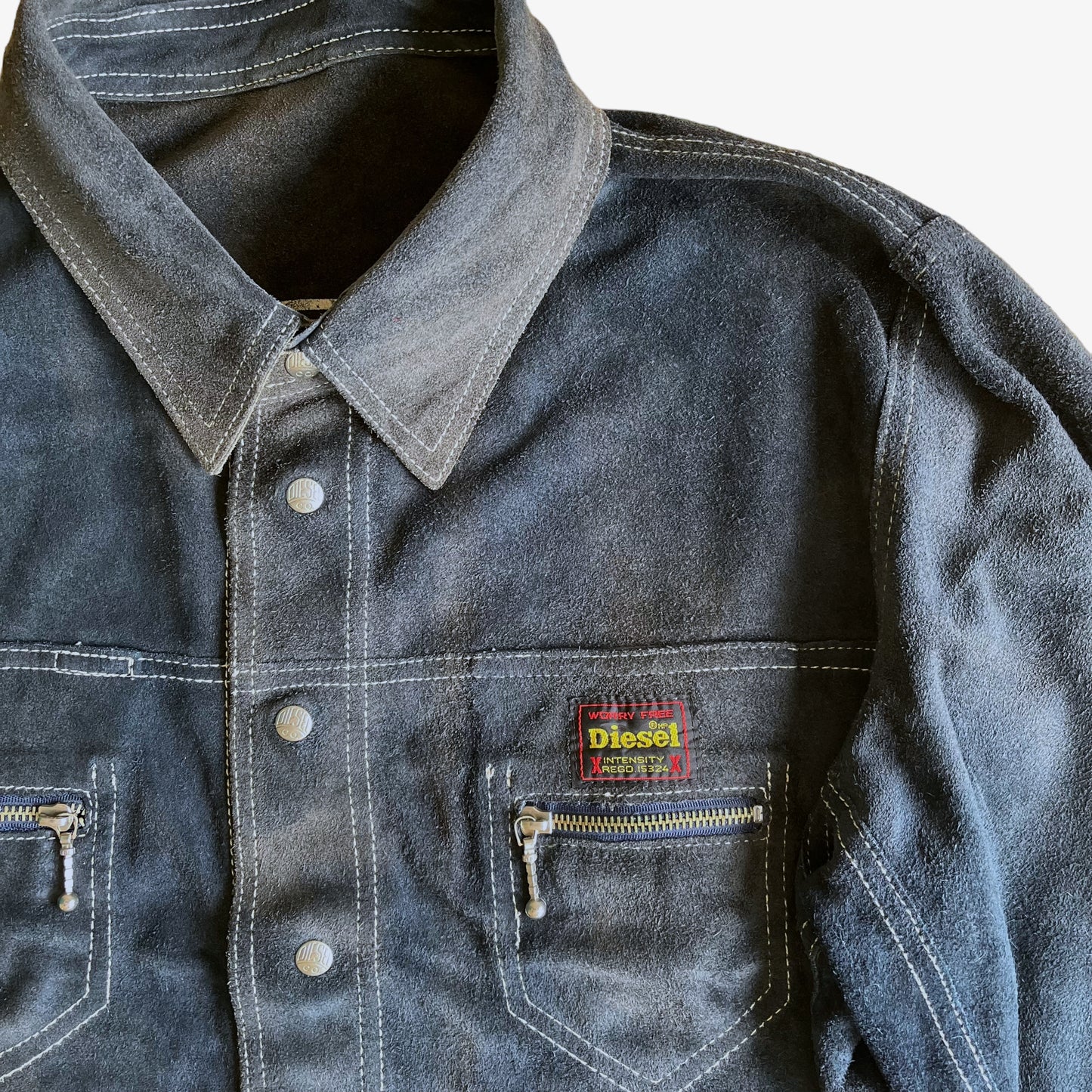 Vintage 1980s Diesel Jeans Workwear 8077-R Blue Leather Suede Reversible Jacket Tag – Casspios Dream
