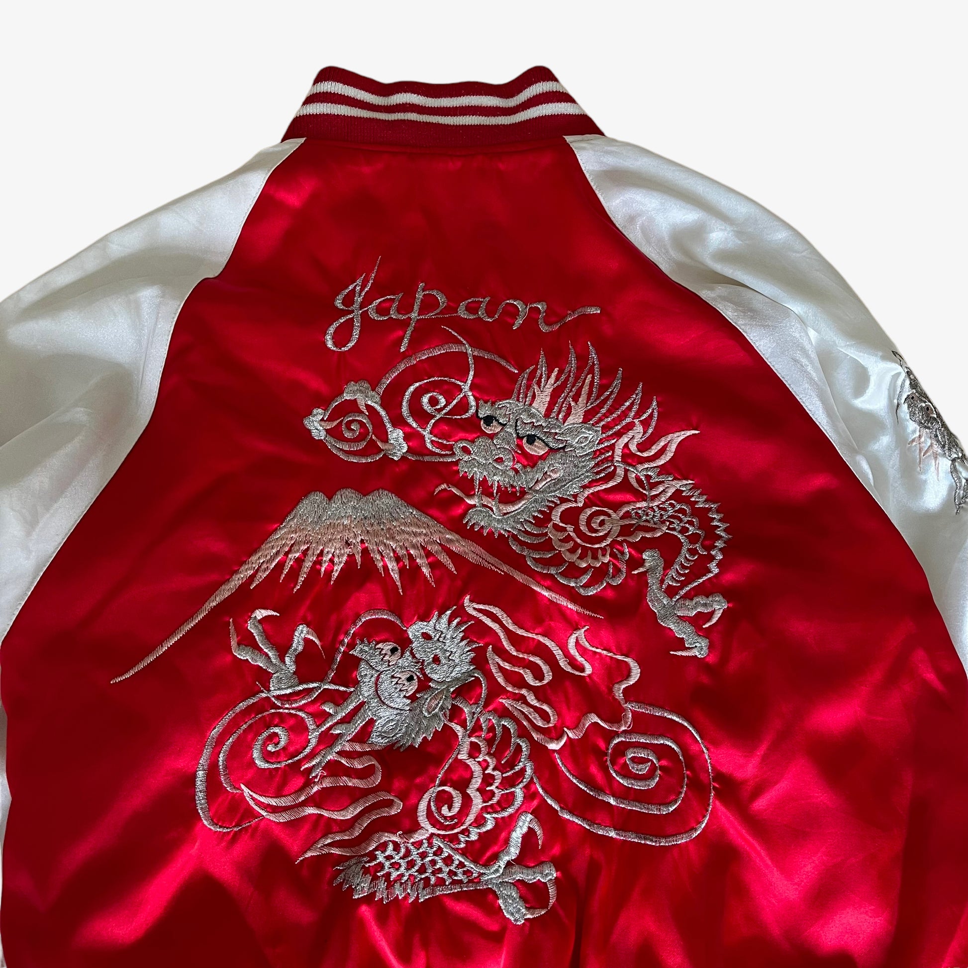 Vintage 1980s Japan Embroidered Dragon Sukajan Souvenir Bomber Jacket Back Design - Casspios Dream